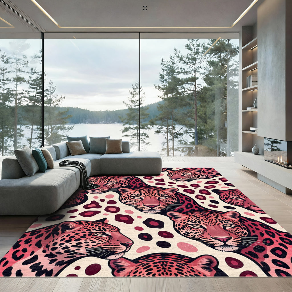 Vibrant Pink Leopard Head Animal Art Rug