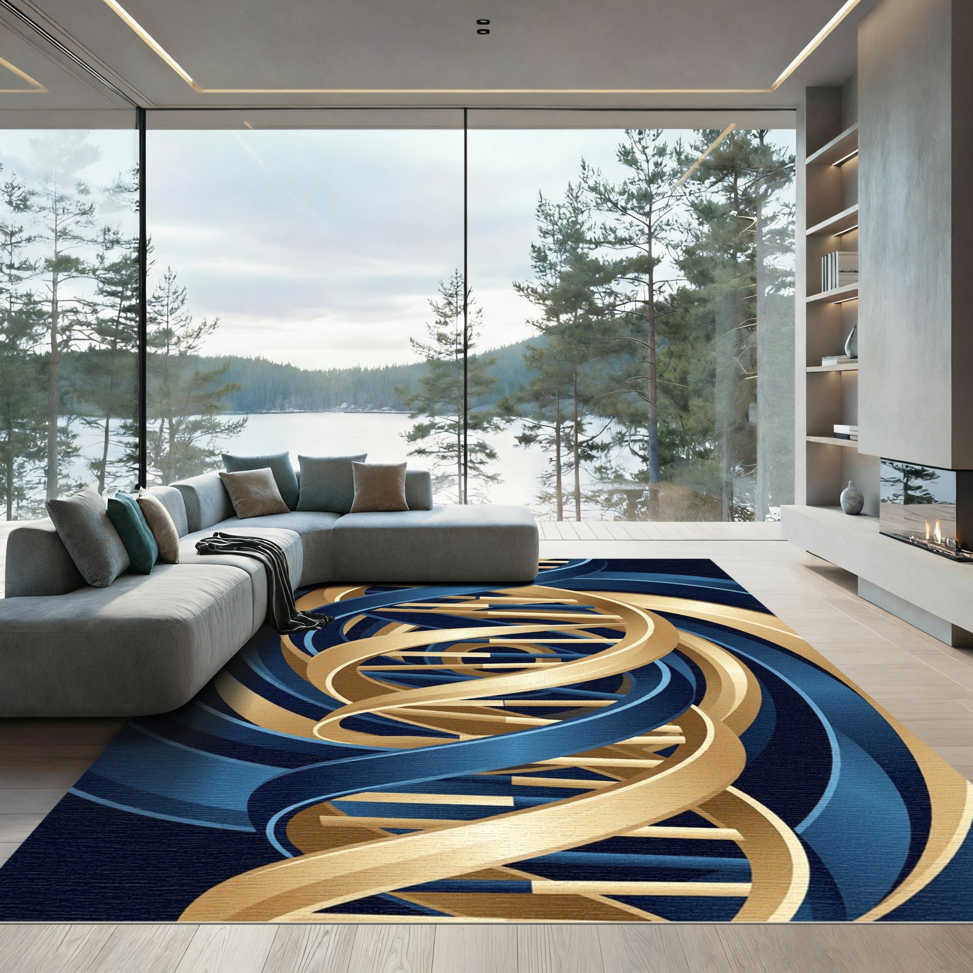 Abstract Gold and Navy Helix Spiral Rug