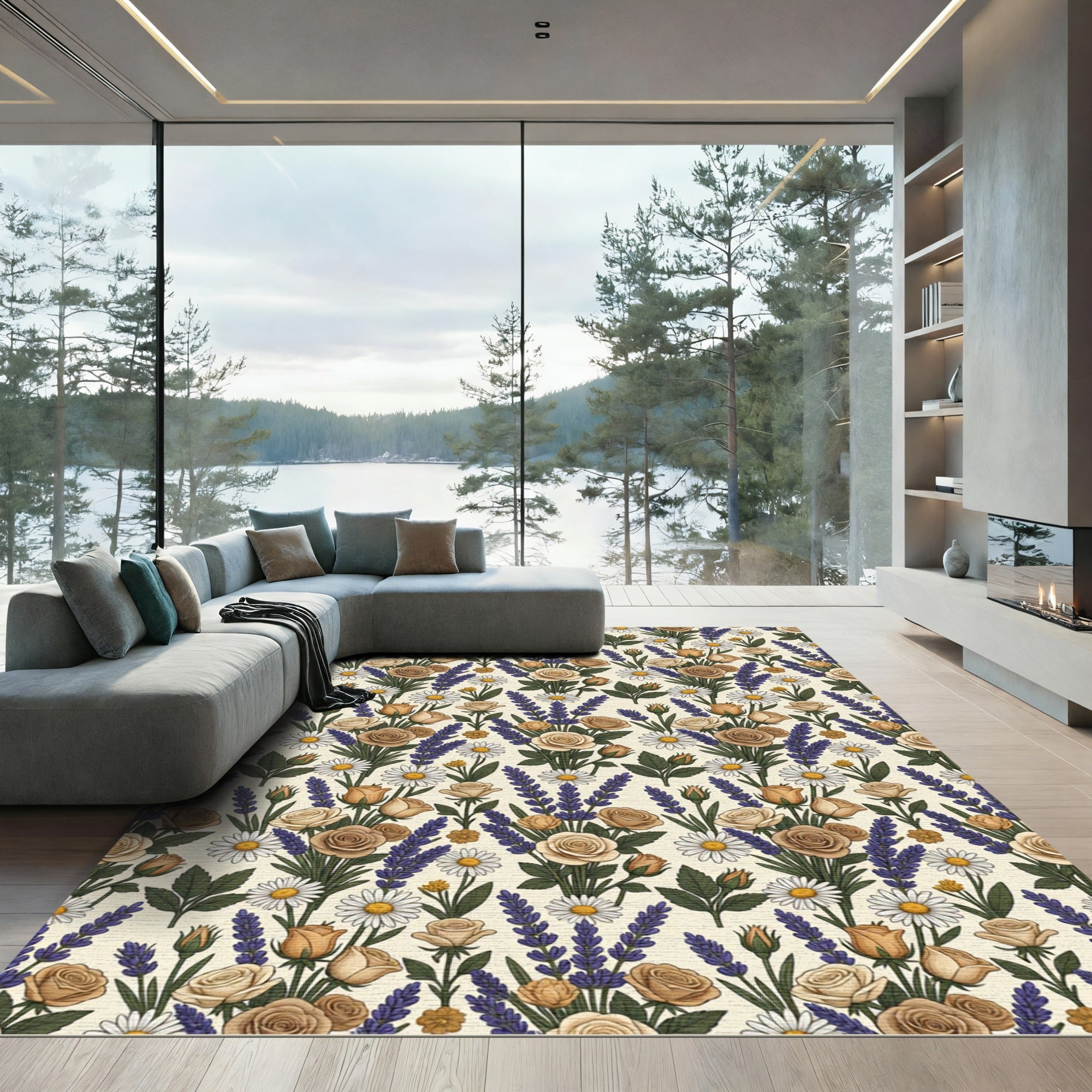 Tan Rose Lavender Daisy Bouquet Rug
