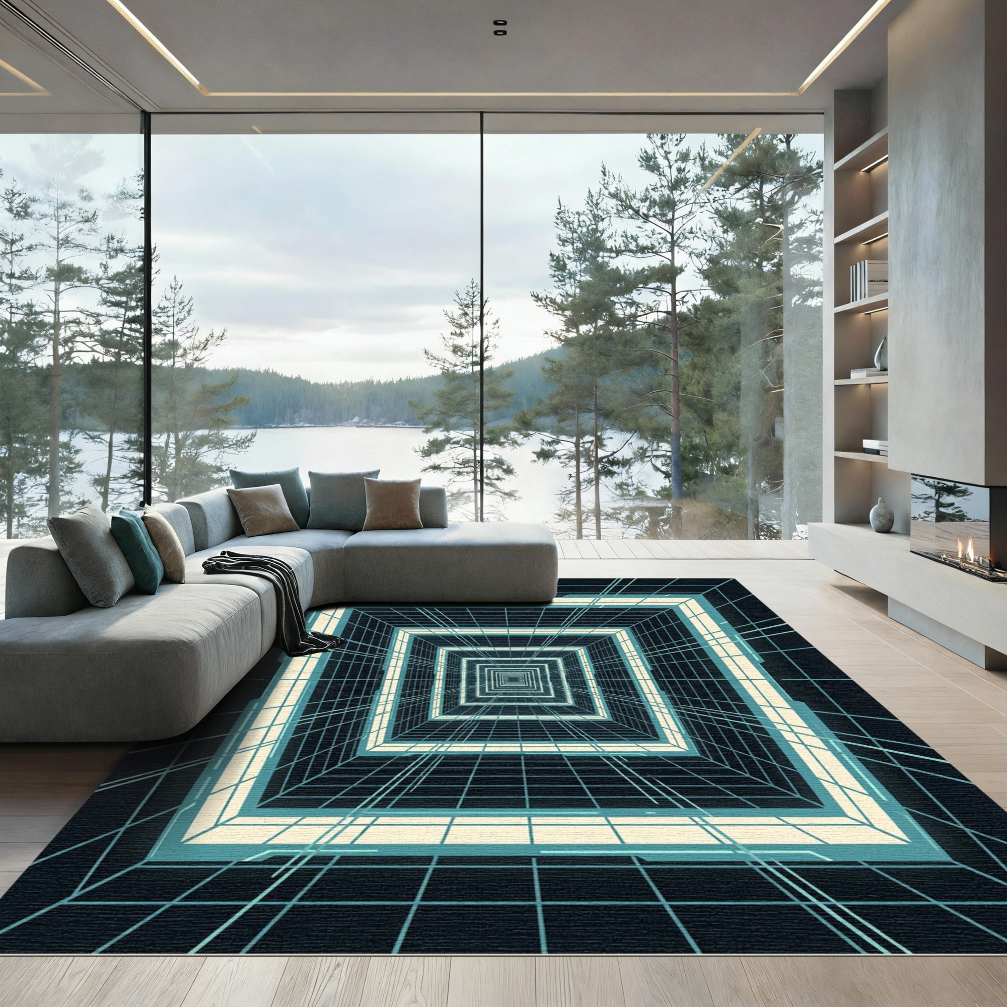 Futuristic Neon Cyber Tunnel Grid Rug