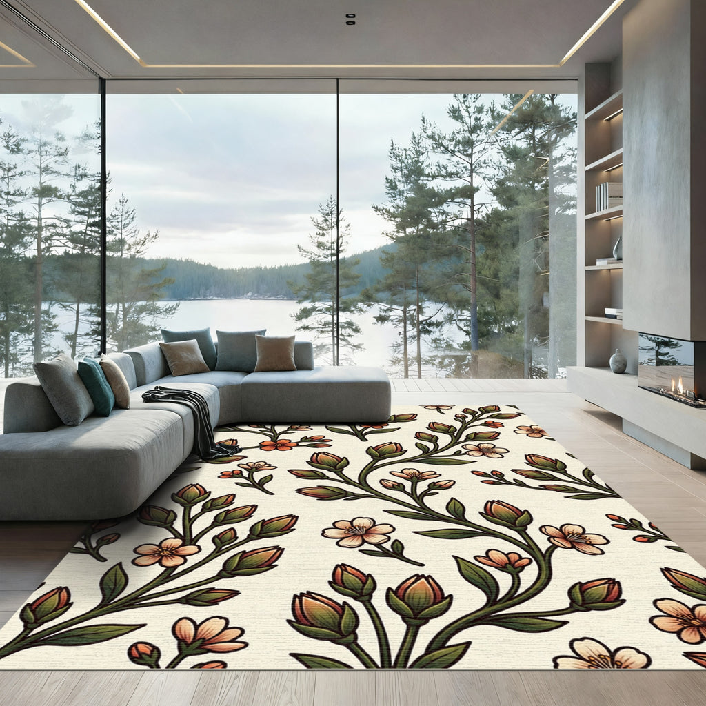 Coral Peach Blossom Branches Rug