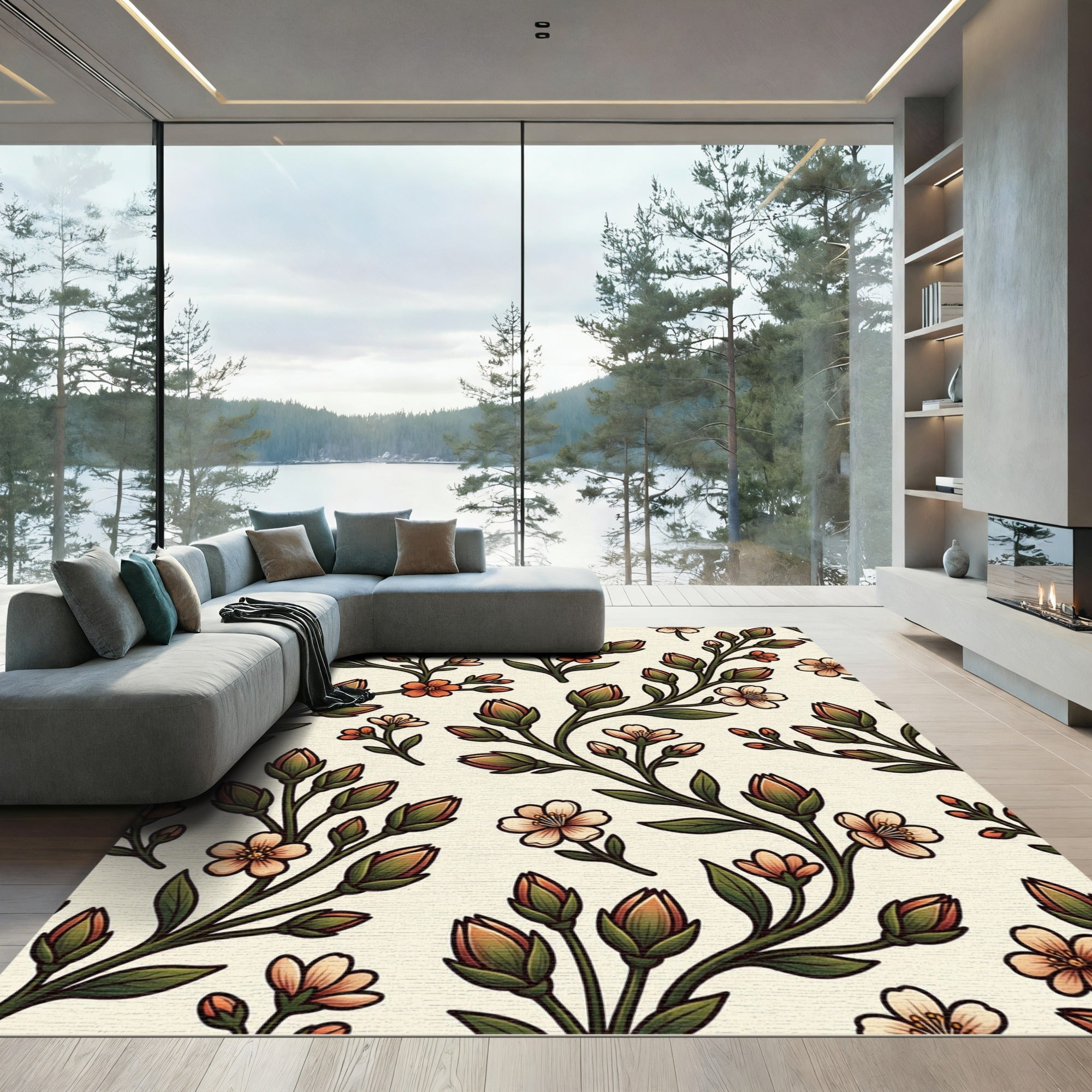 Coral Peach Blossom Branches Rug