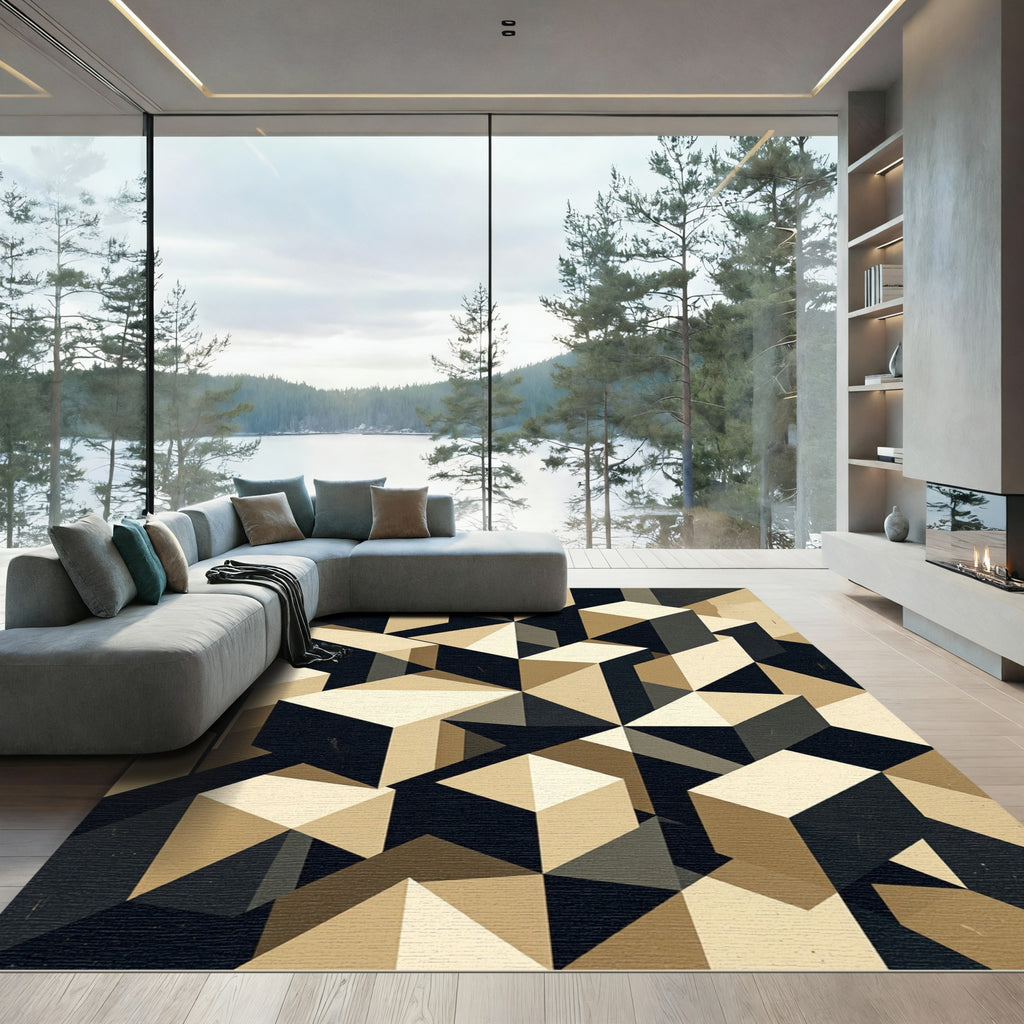Geometric Cubist Block Abstract Beige Rug