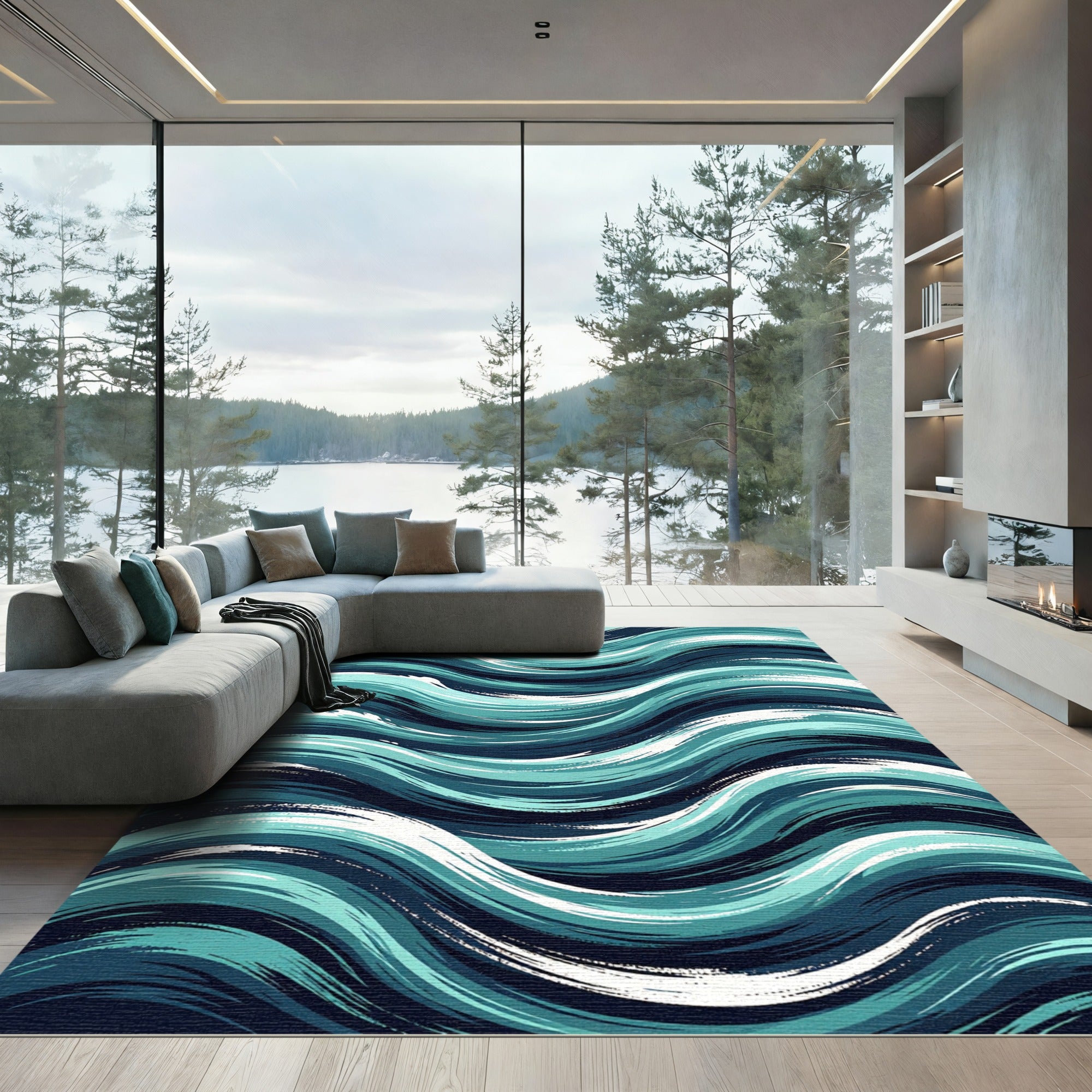 Abstract Ocean Wave Teal Blue Swirl Rug