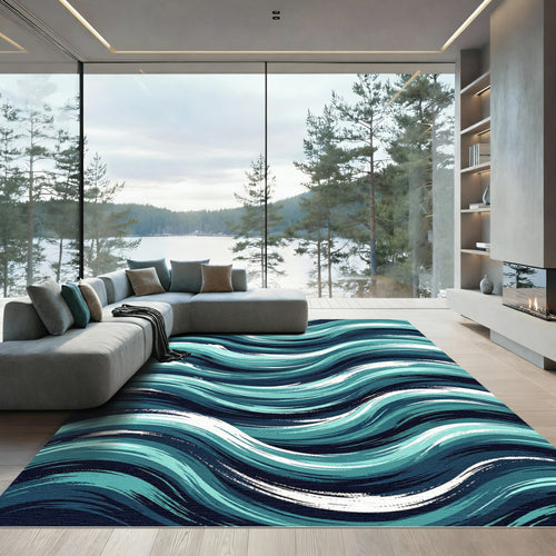 Abstract Ocean Wave Teal Blue Swirl Rug