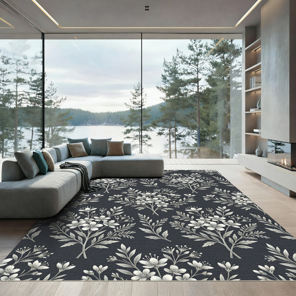 Delicate White Floral Branch Arrangement Rug