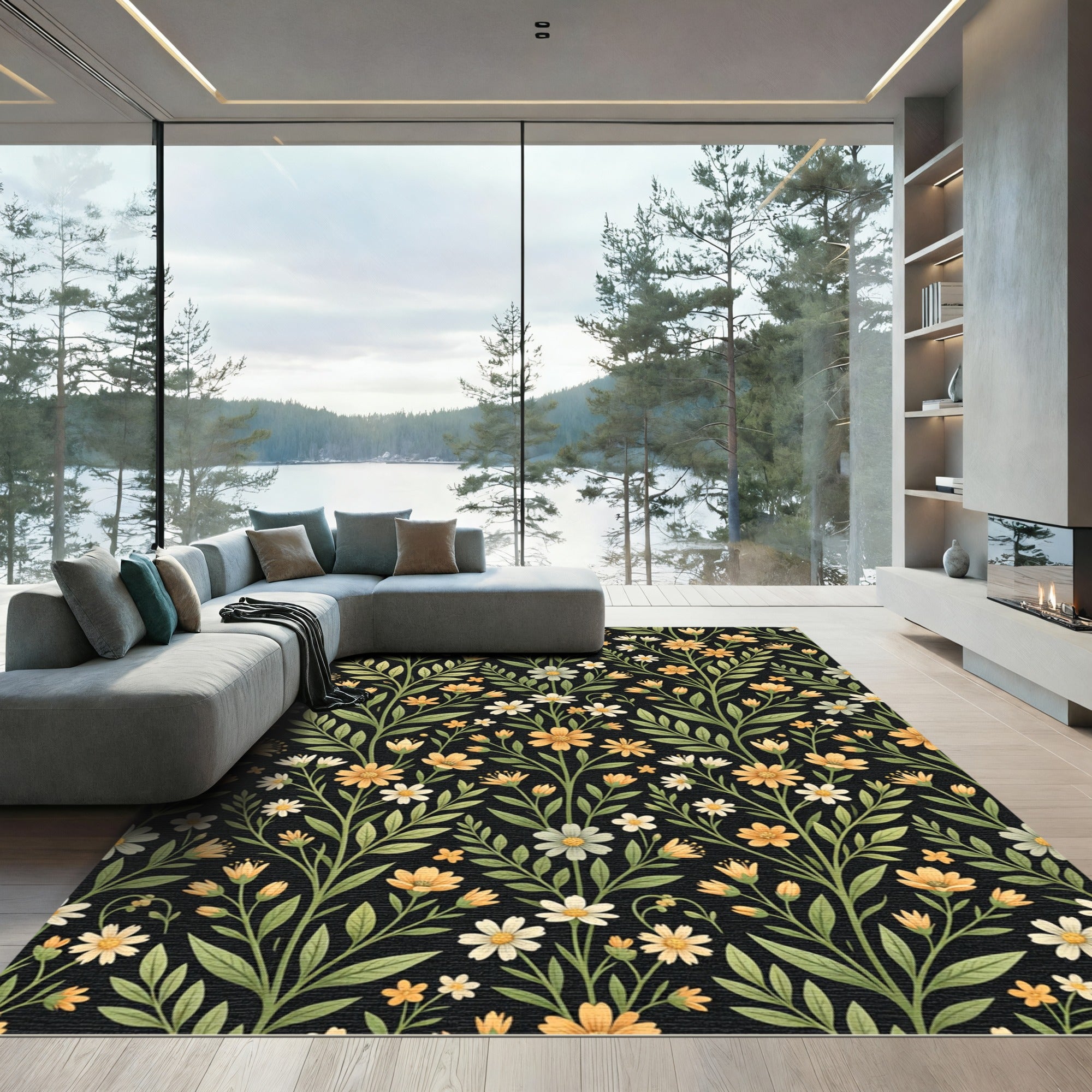 Yellow White Floral Vine Garden Rug