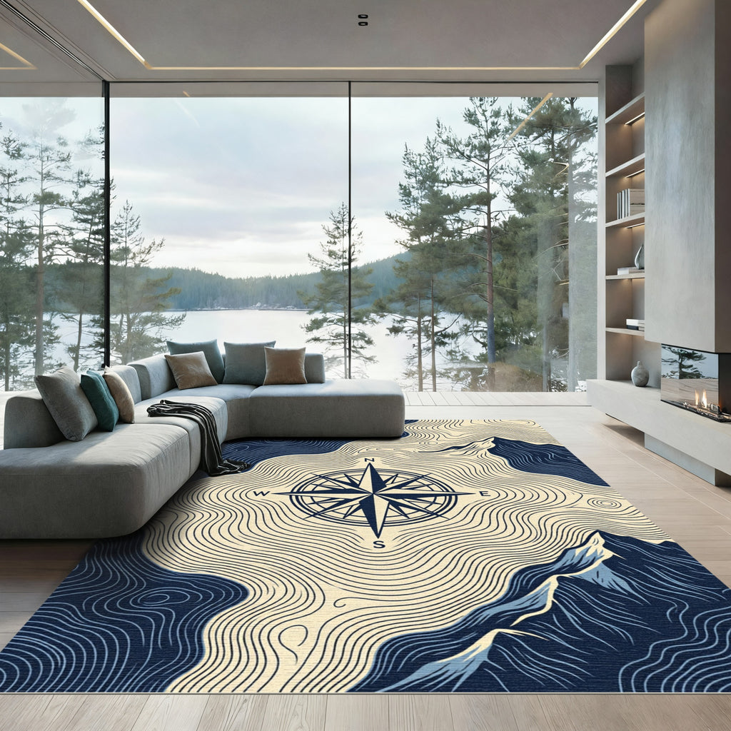 Navy Topographic Compass Mountain Art Rug