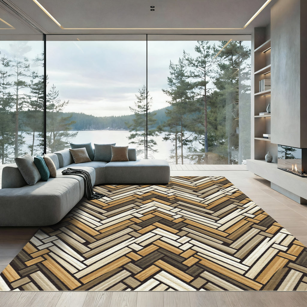 Neutral Herringbone Chevron Woven Texture Rug