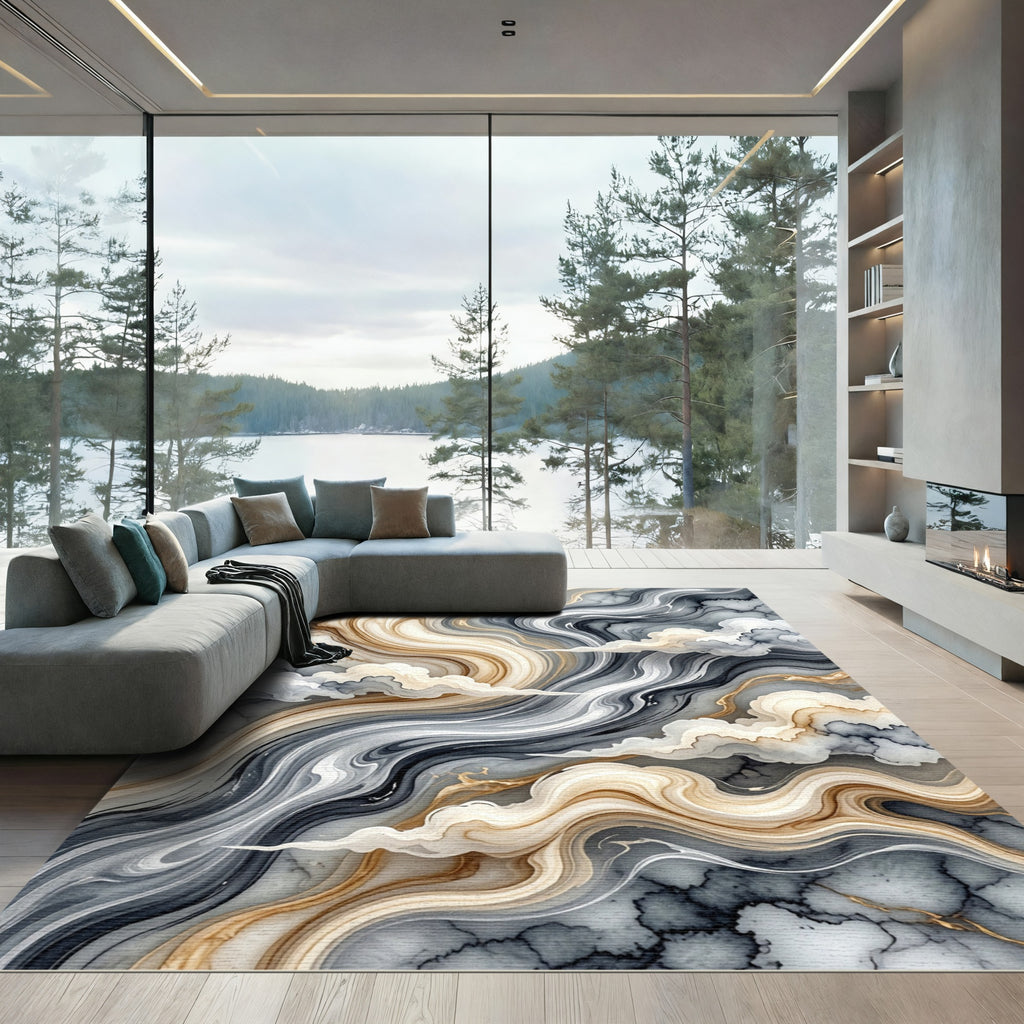 Abstract Marble Flow with Soft Clouds Rug