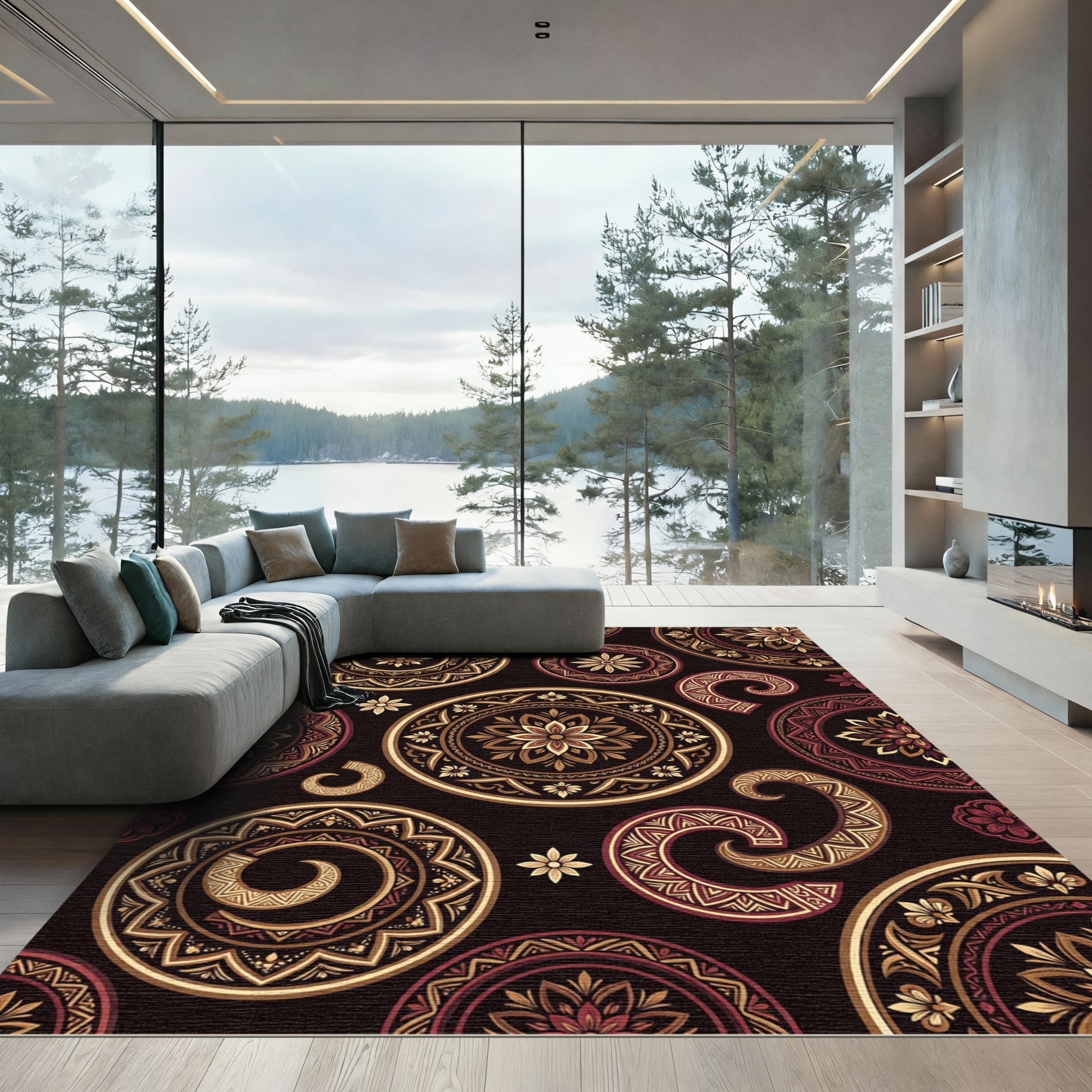 Elegant Gold Maroon Medallion Swirl Rug