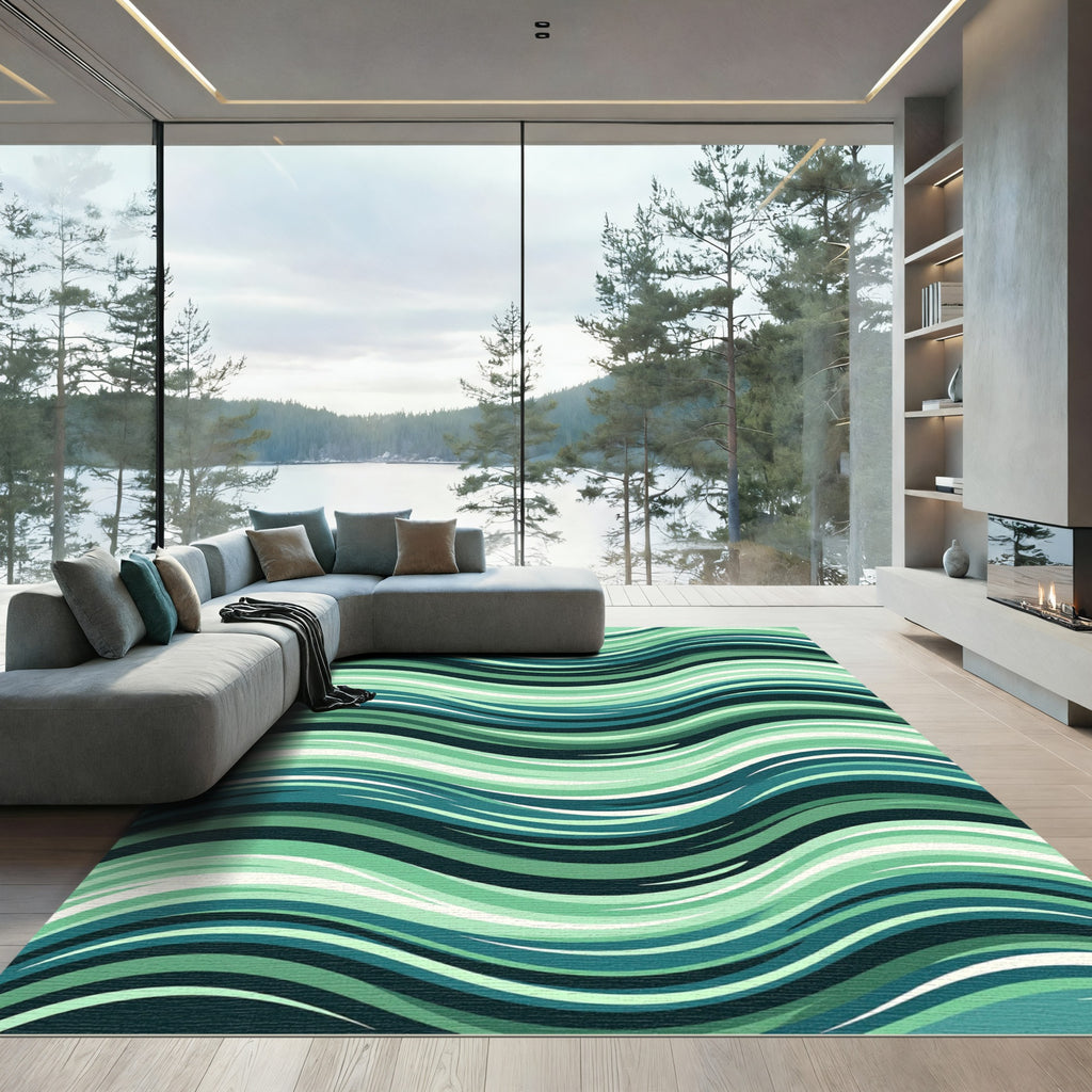 Aqua Teal Streaky Wave Abstract Rug