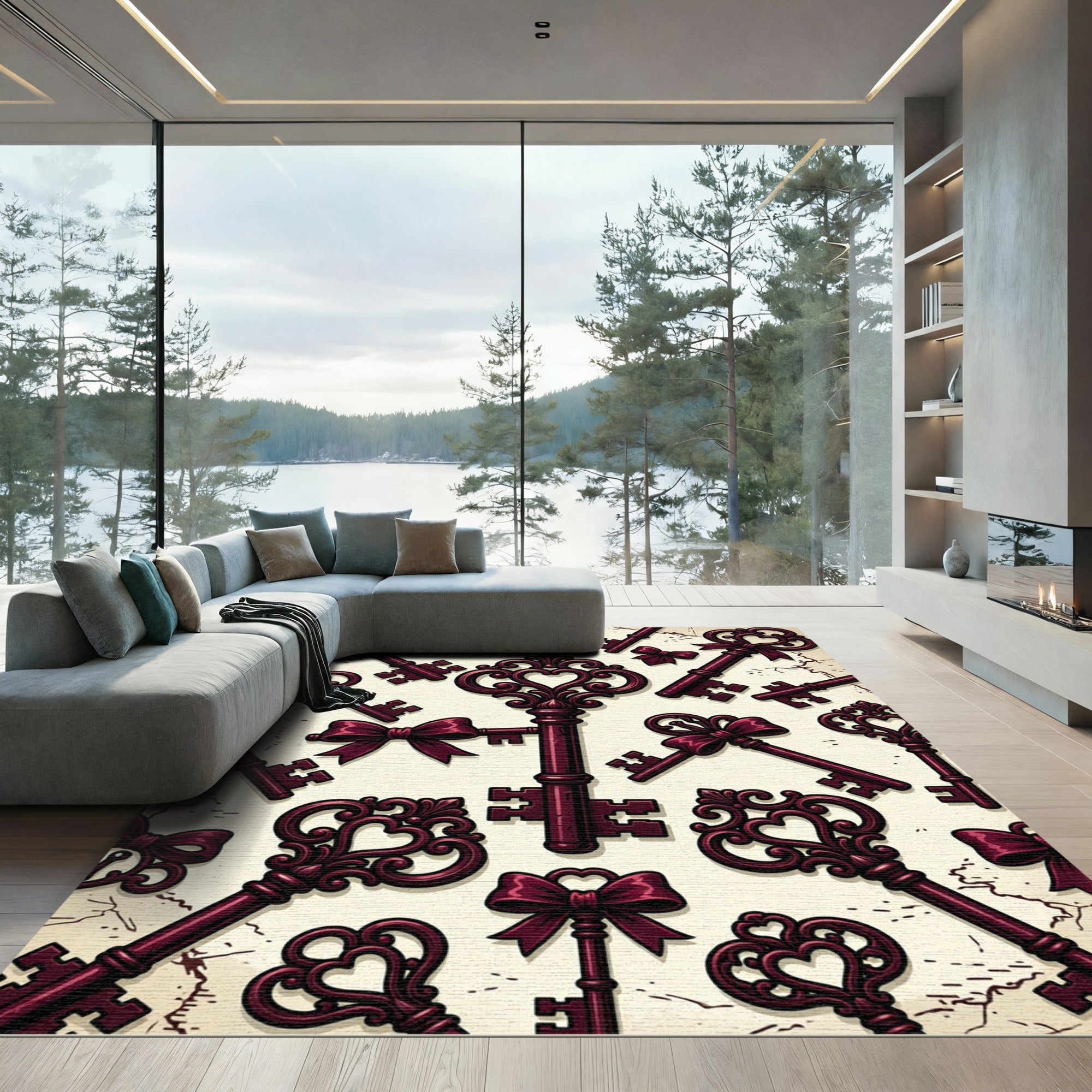 Victorian Burgundy Keys Bows Medallion Rug