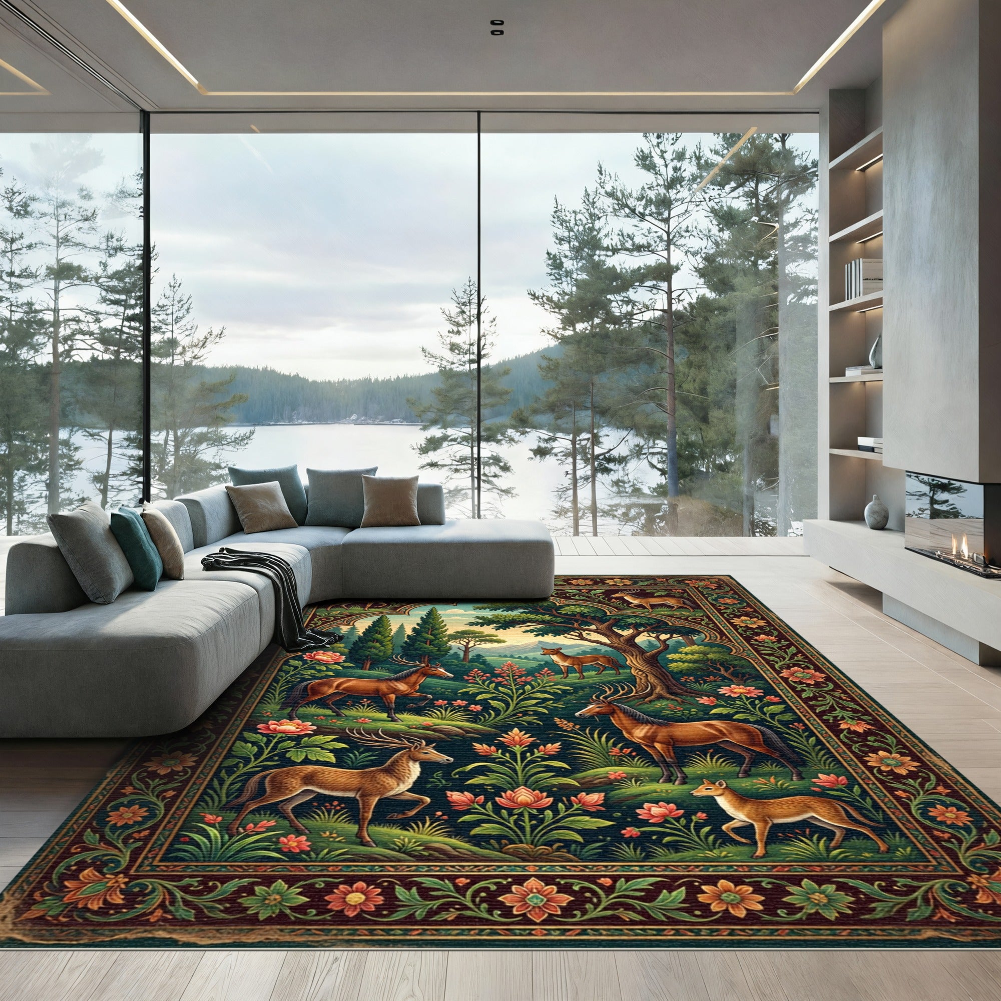 Ornate Woodland Deer Floral Landscape Art Rug