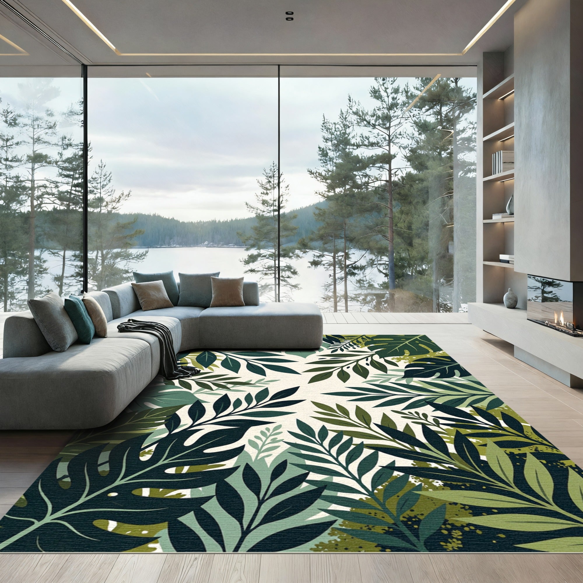 Deep Green Tropical Foliage Botanical Rug