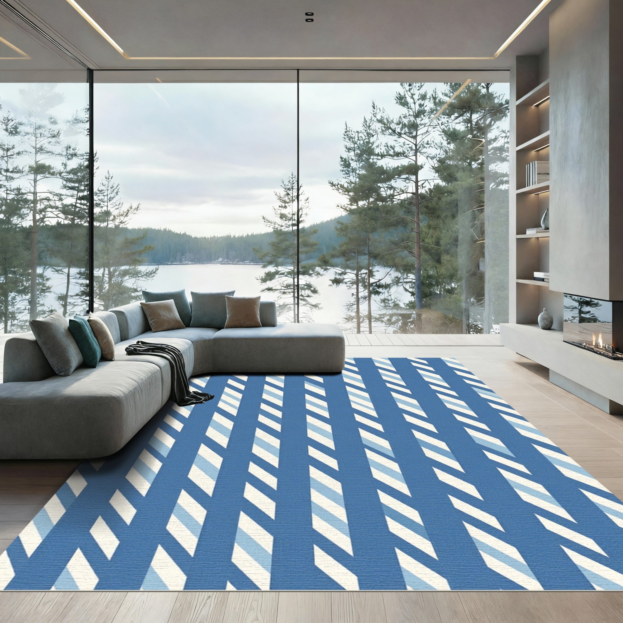 Deep Blue Diagonal Stripe Accordion Rug