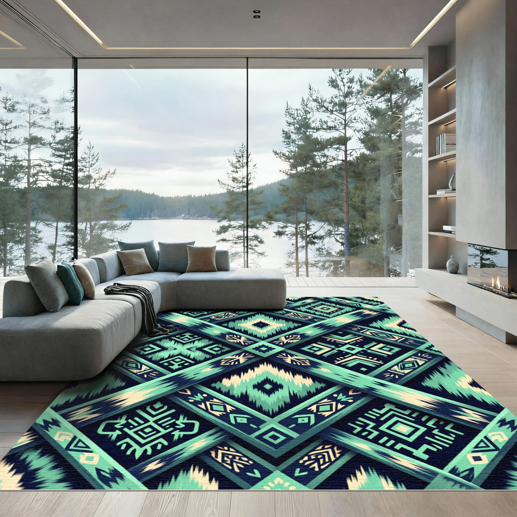 Teal Indigo Woven Geometric Brocade Foulard Rug