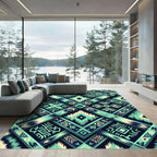 Teal Indigo Woven Geometric Brocade Foulard Rug