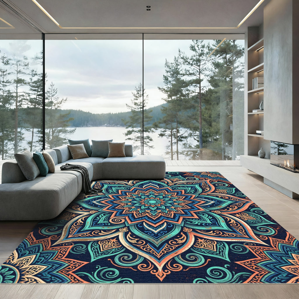 Teal and Orange Floral Mandala Rug