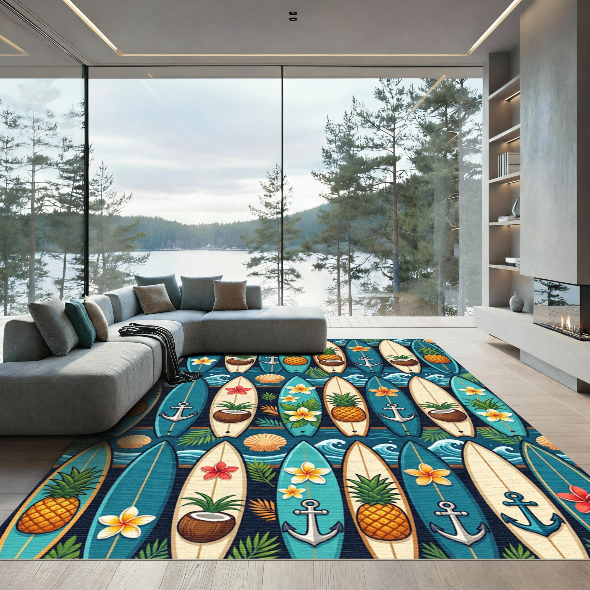 Tropical Teal Surfboard Pineapple Ocean Art Rug