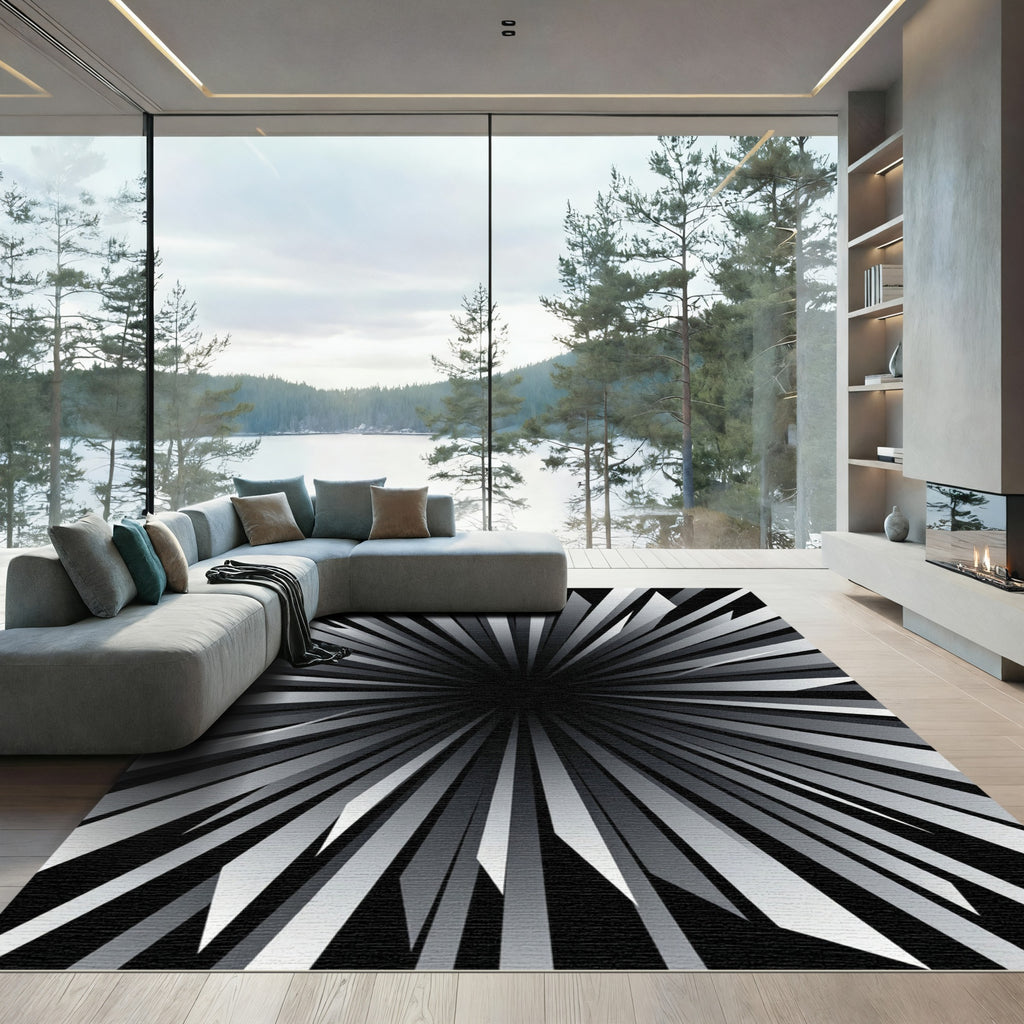 Monochromatic Abstract Sunburst Radiant Vortex Rug
