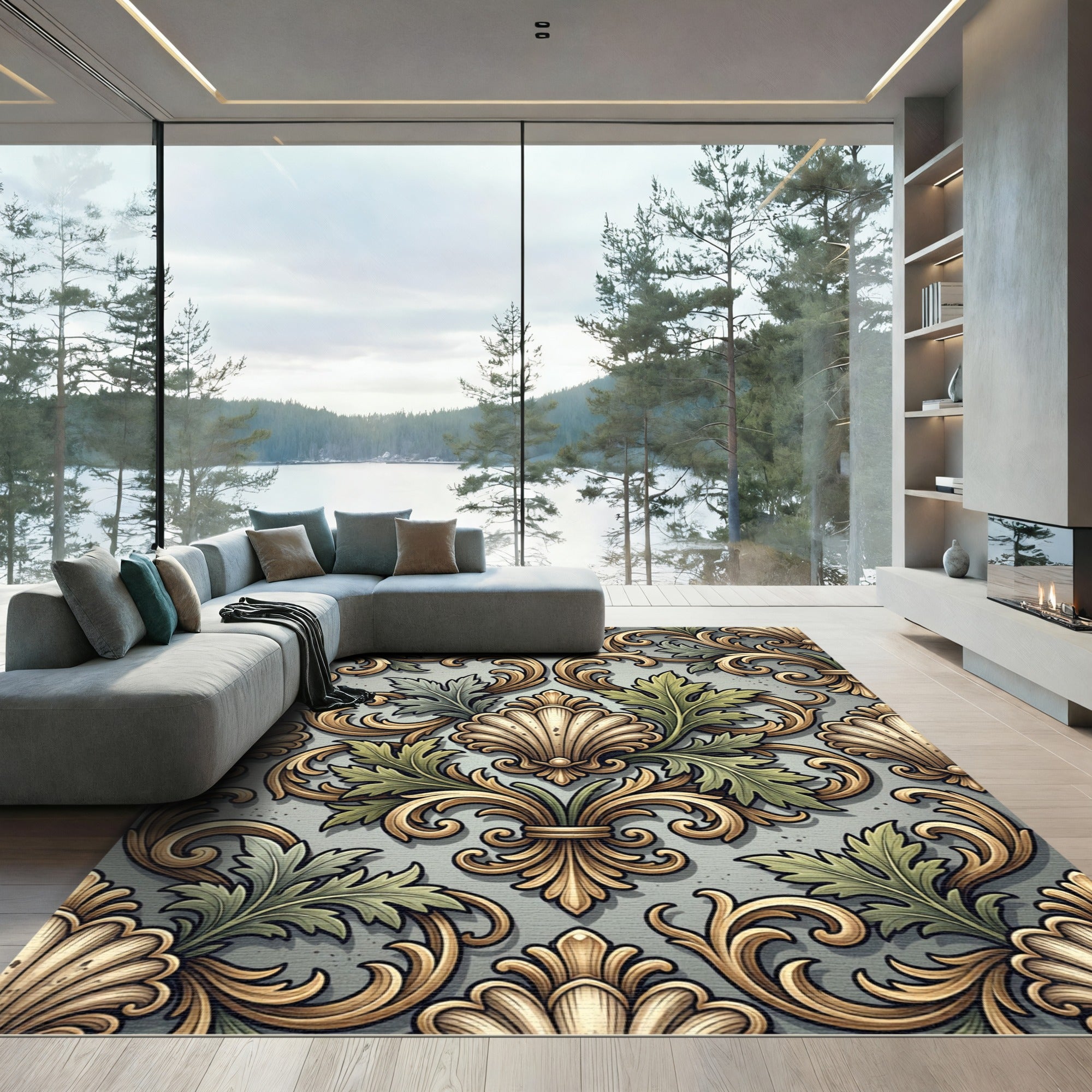 Ornate Sage and Gold Acanthus Scrollwork Rug