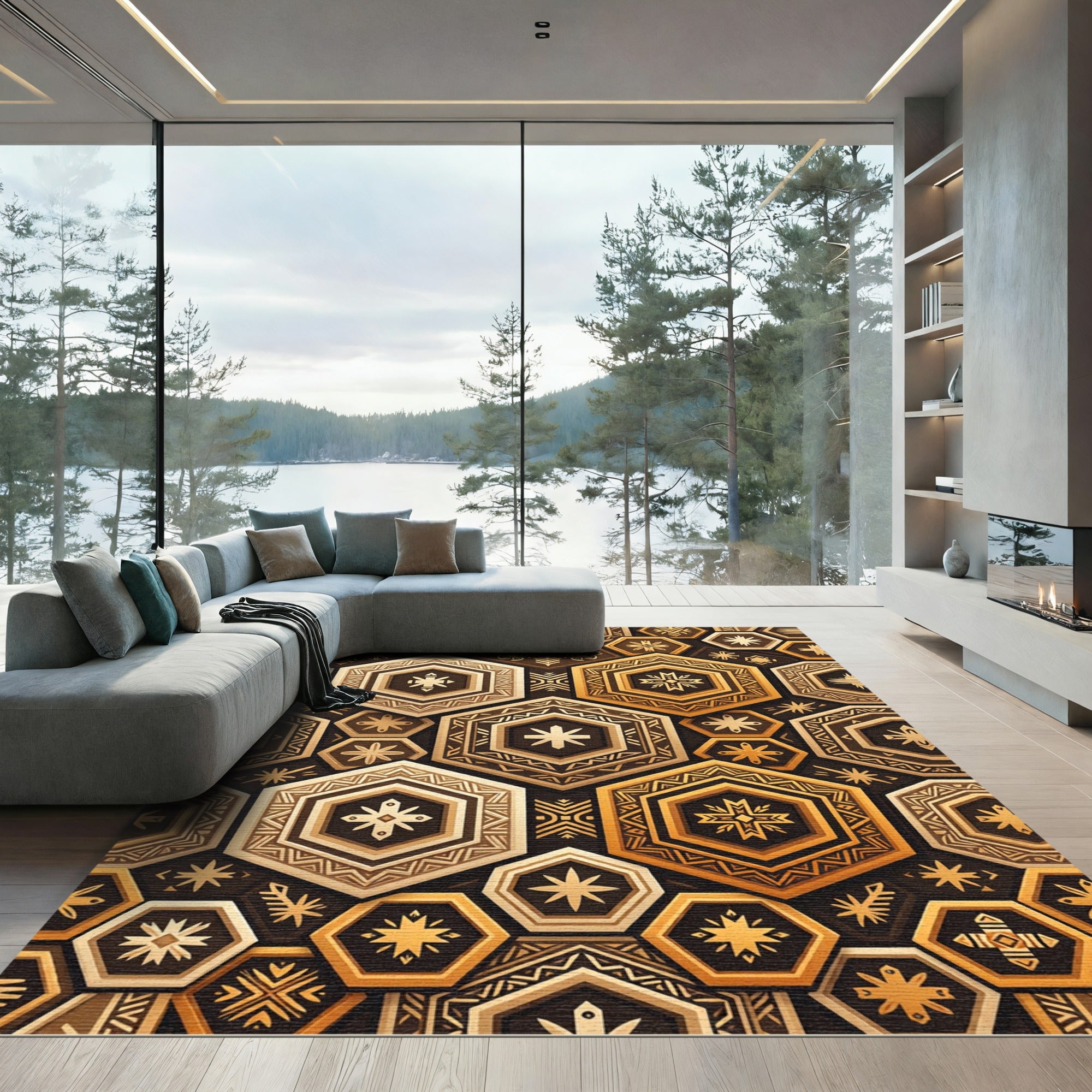 Golden Hexagon Geometric Earthy Mosaic Rug