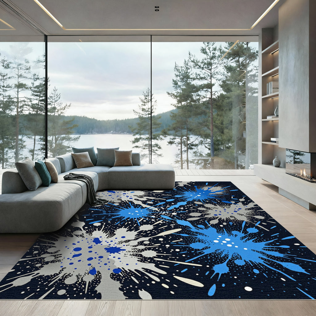 Blue and Silver Abstract Ink Splash Rug