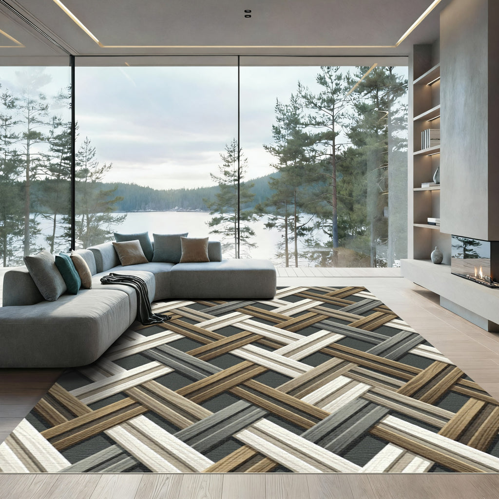 Woven Tan Wood Diagonal Weave Rug