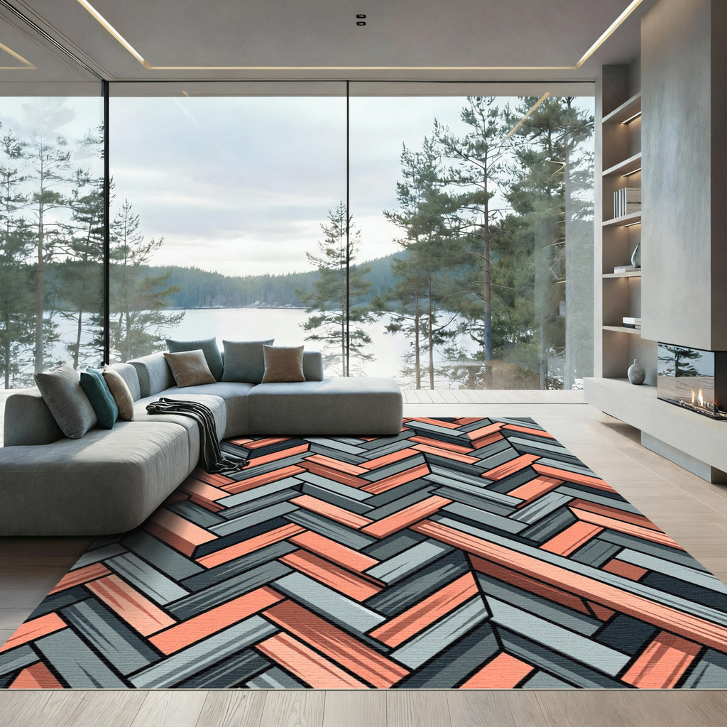 Peach and Slate Herringbone Weave Rug