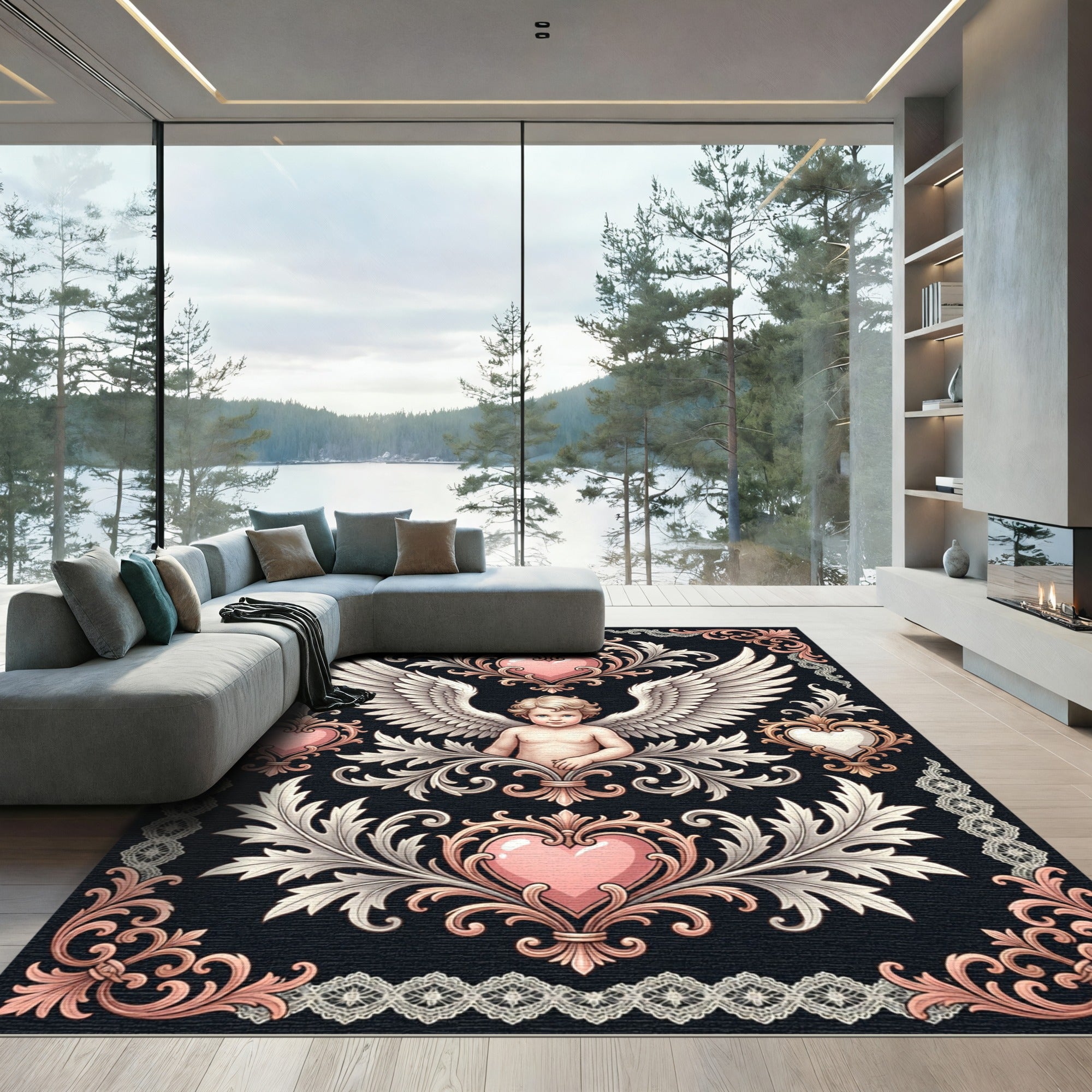 Cherubic Angel Pink Heart Filigree Rug