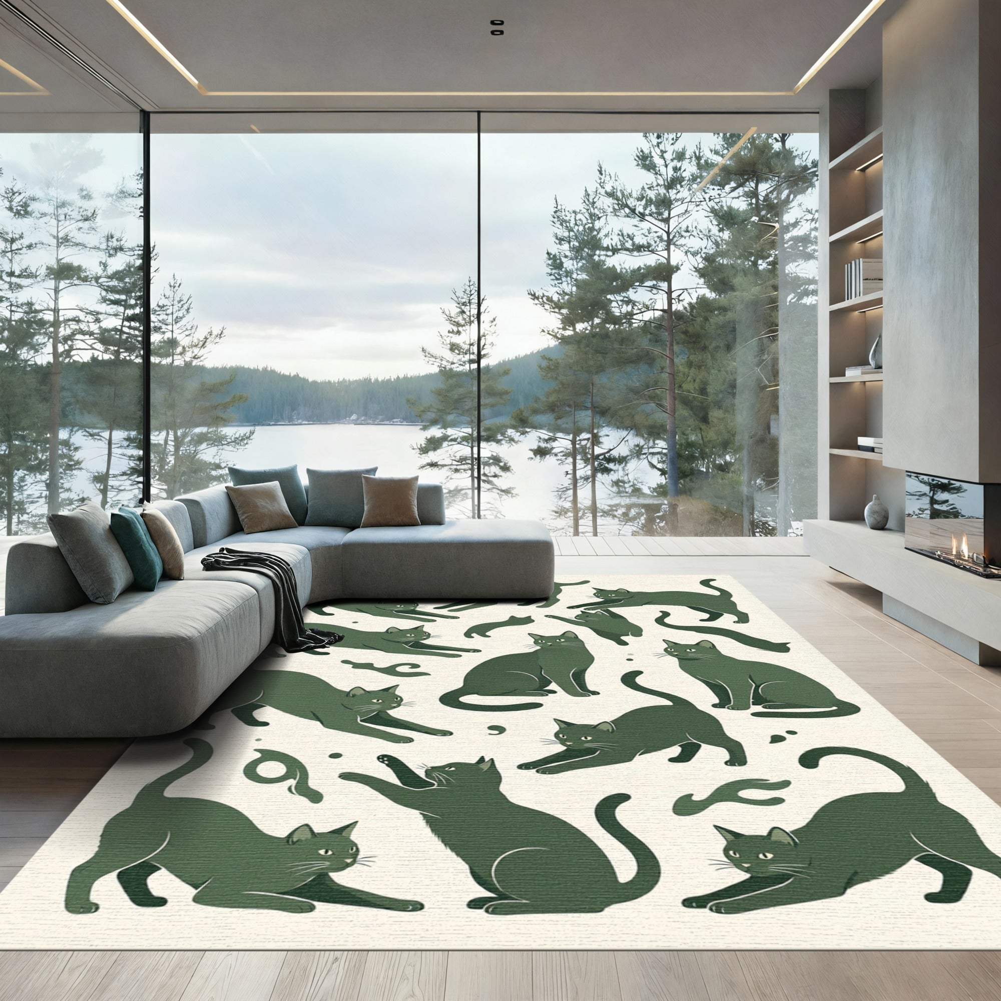 Whimsical Forest Green Stretching Cat Rug