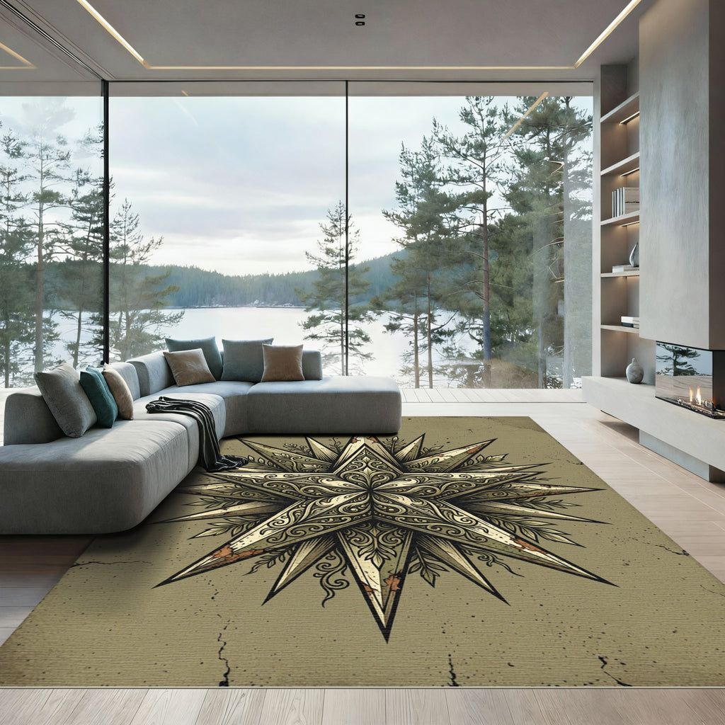 Antique Olive Filigree Star Compass Rug