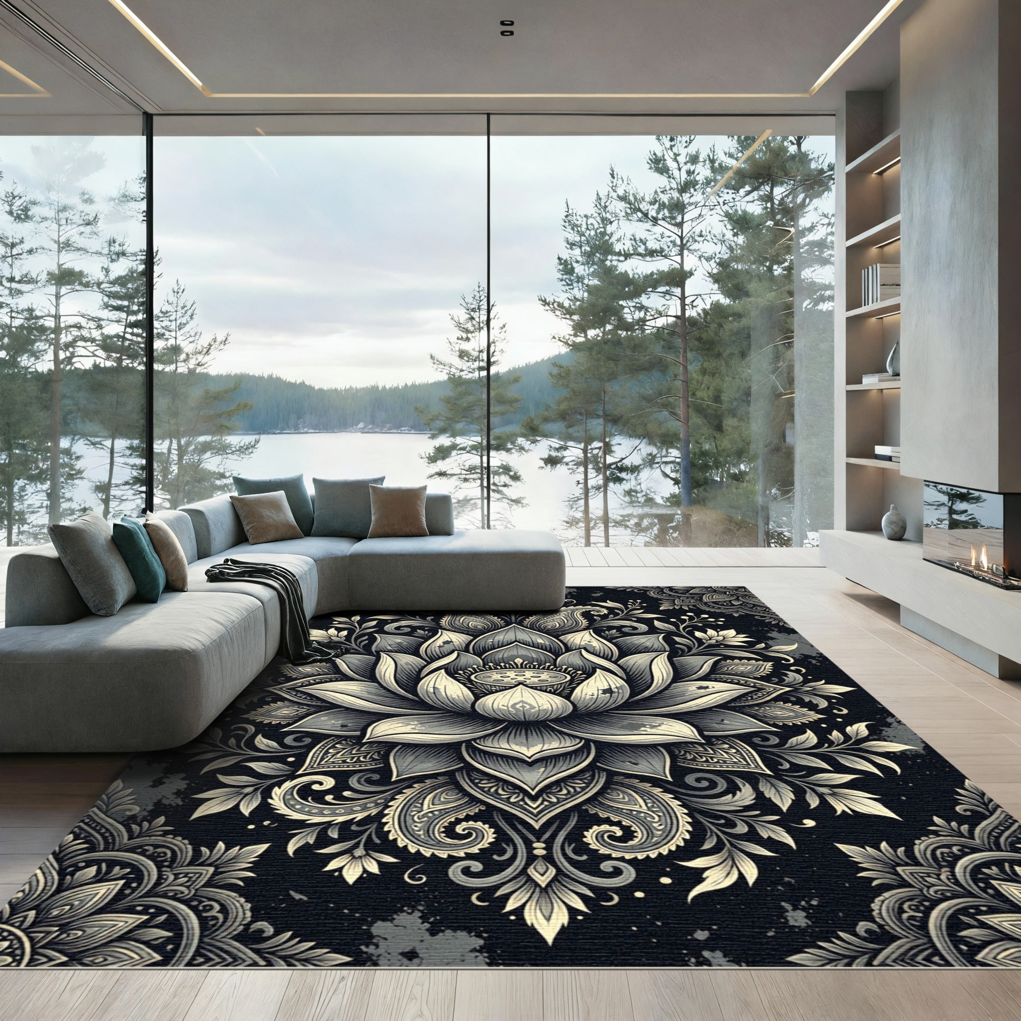 Elegant Charcoal Monochrome Lotus Bloom Rug