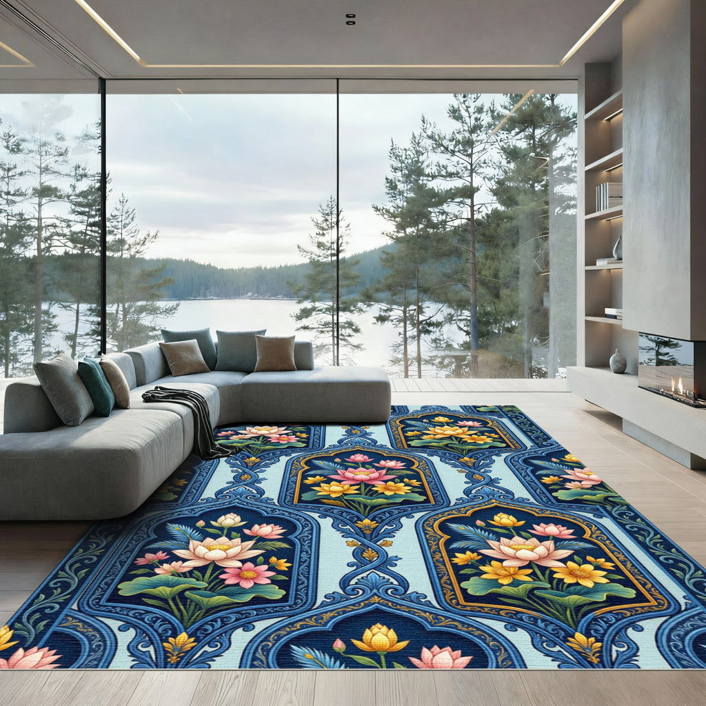 Blue Lattice Lotus Garden Rug