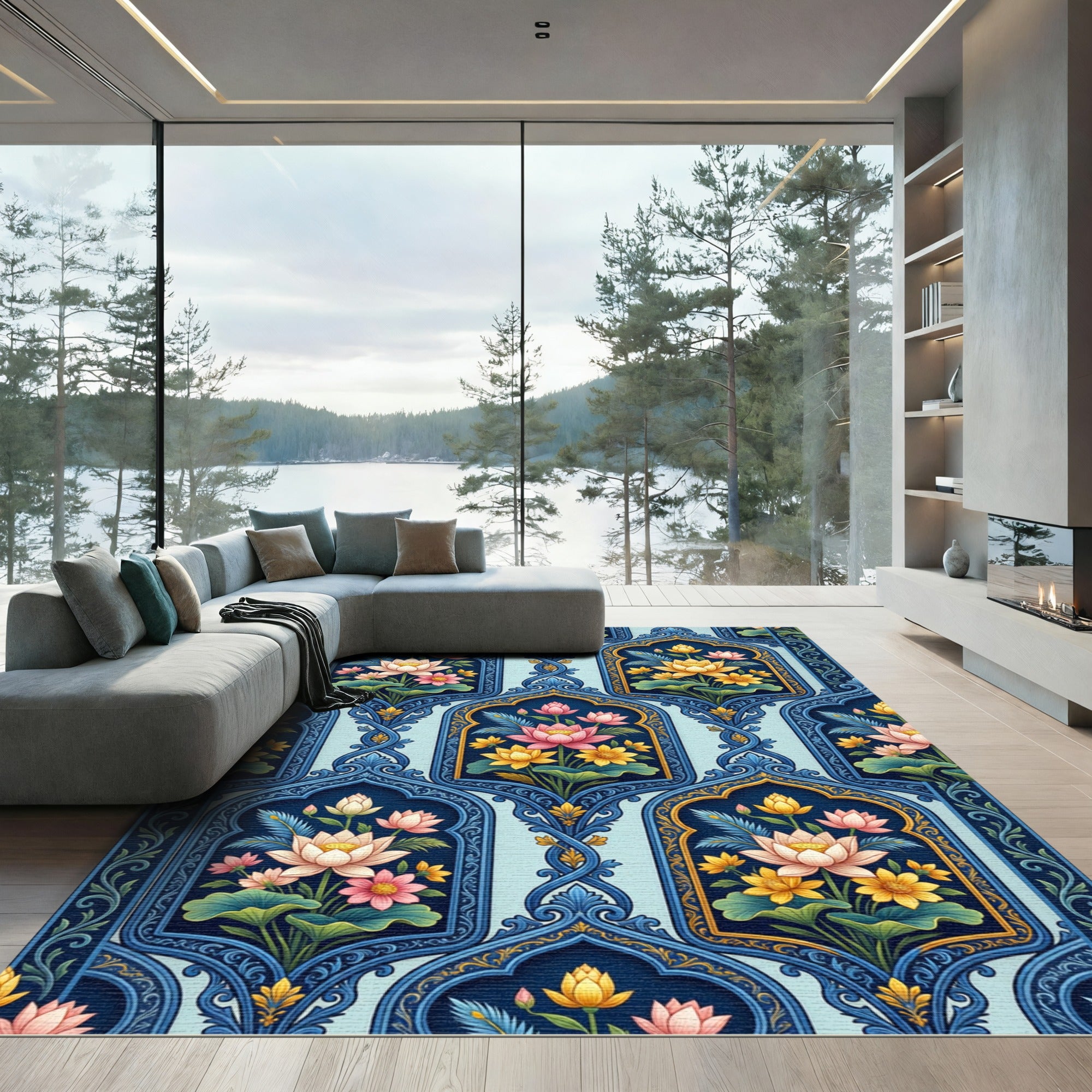 Blue Lattice Lotus Garden Rug