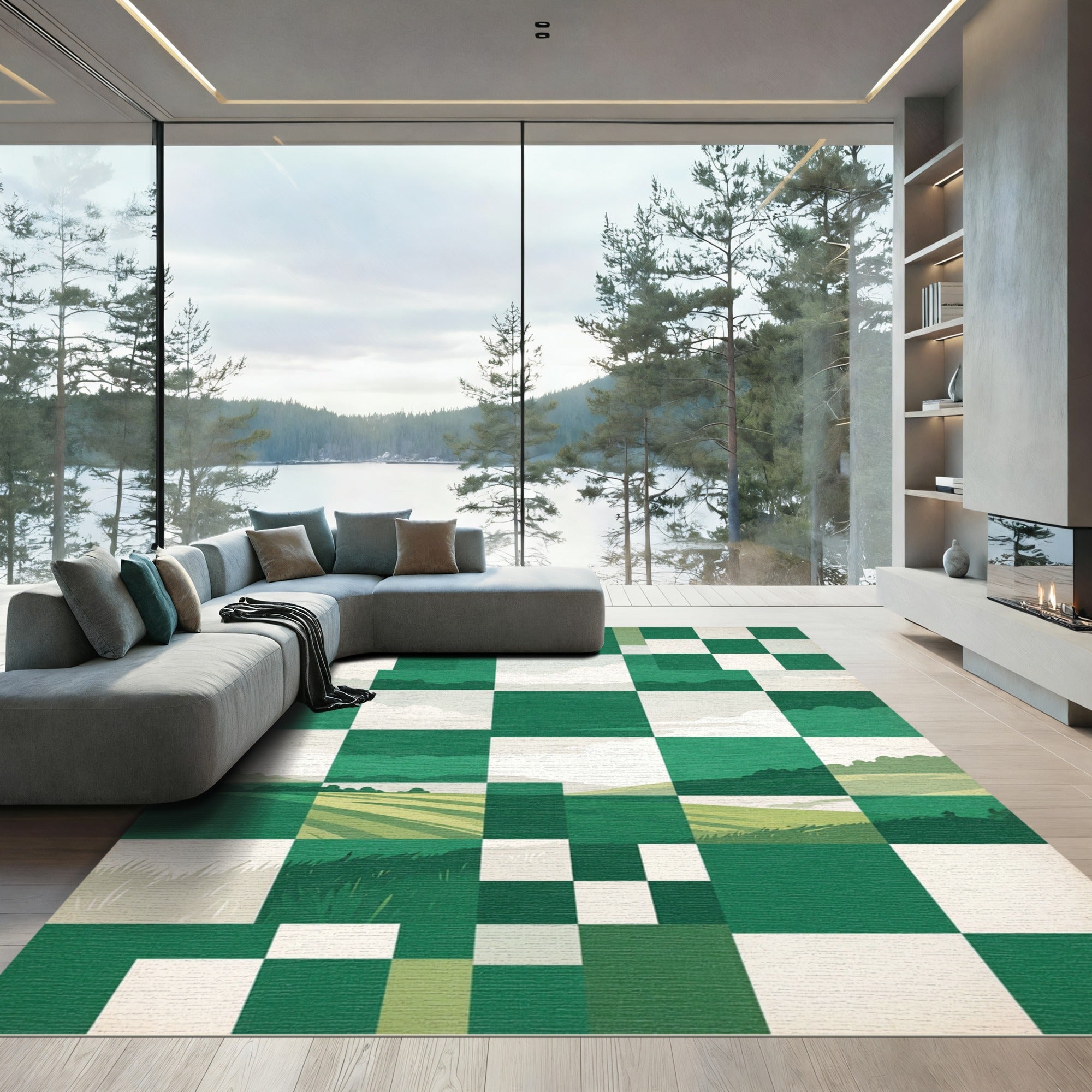 Emerald Checkerboard Landscape Scenic Rug