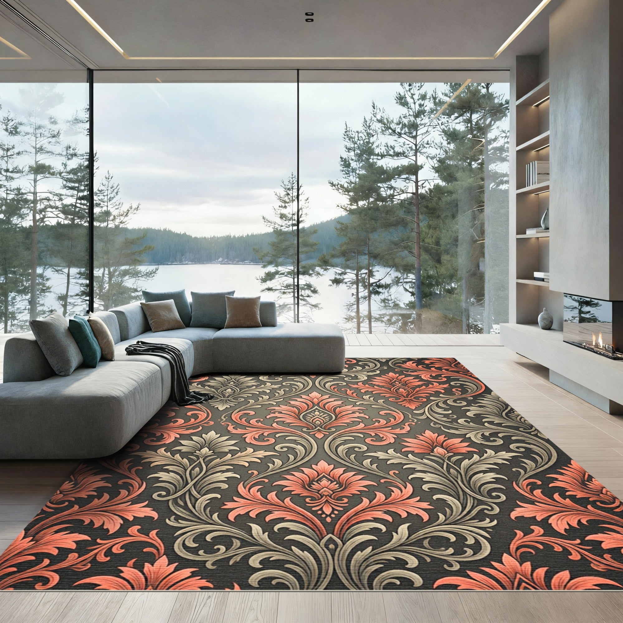 Coral And Gray Floral Acanthus Rug