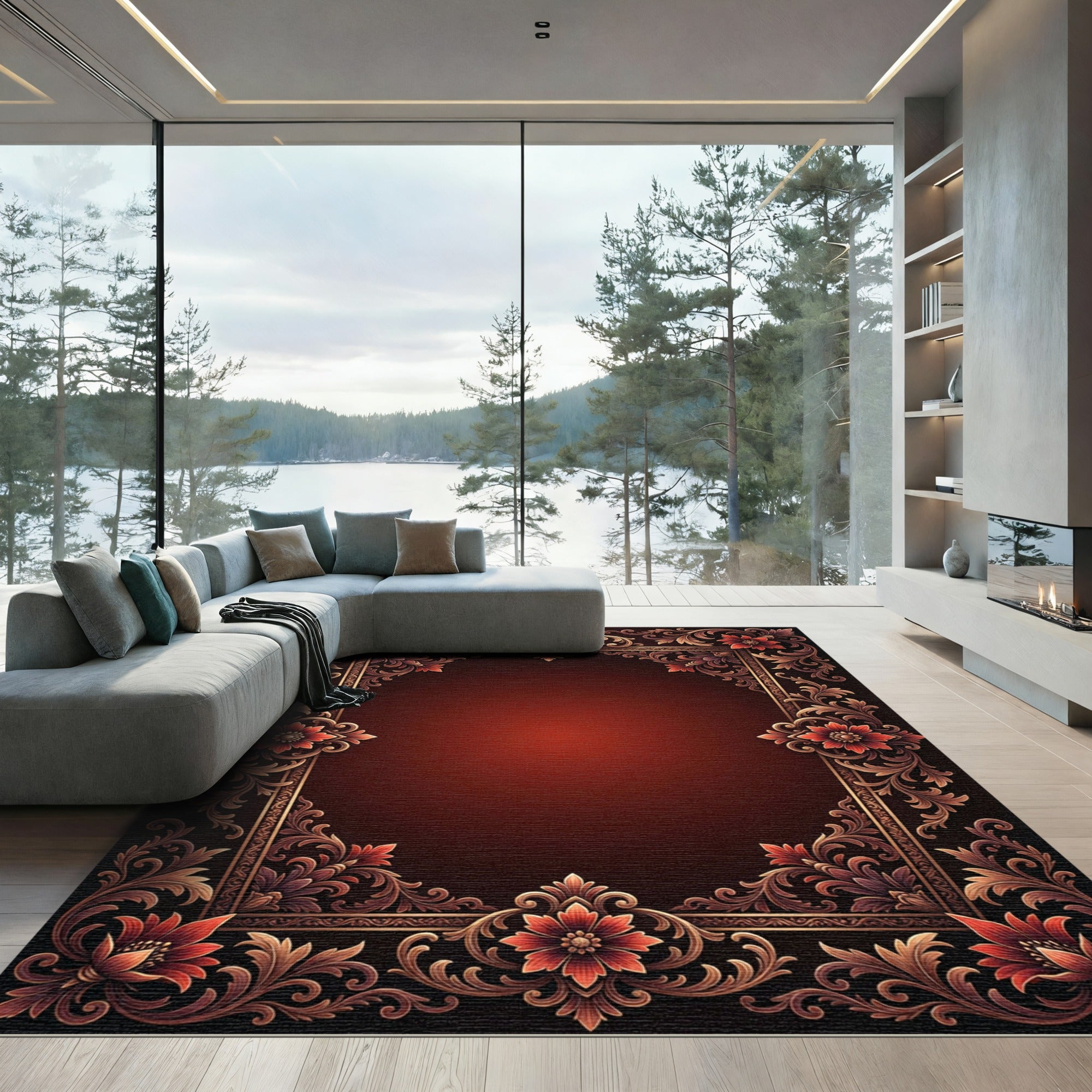 Rich Red Elaborate Floral Scroll Rug