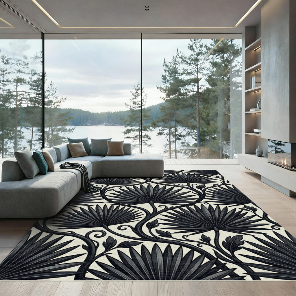 Art Nouveau Black Palm Frond Rug