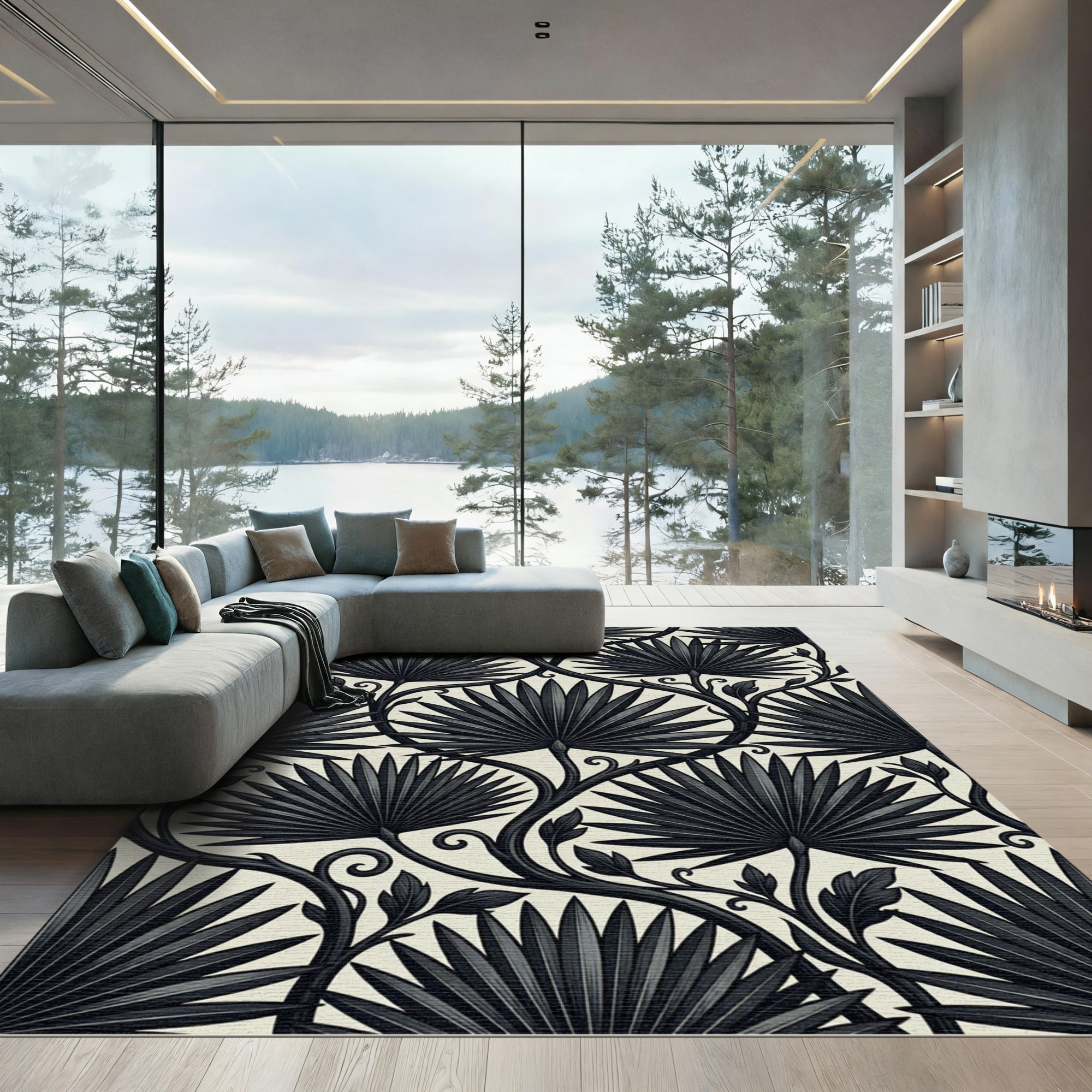 Art Nouveau Black Palm Frond Rug