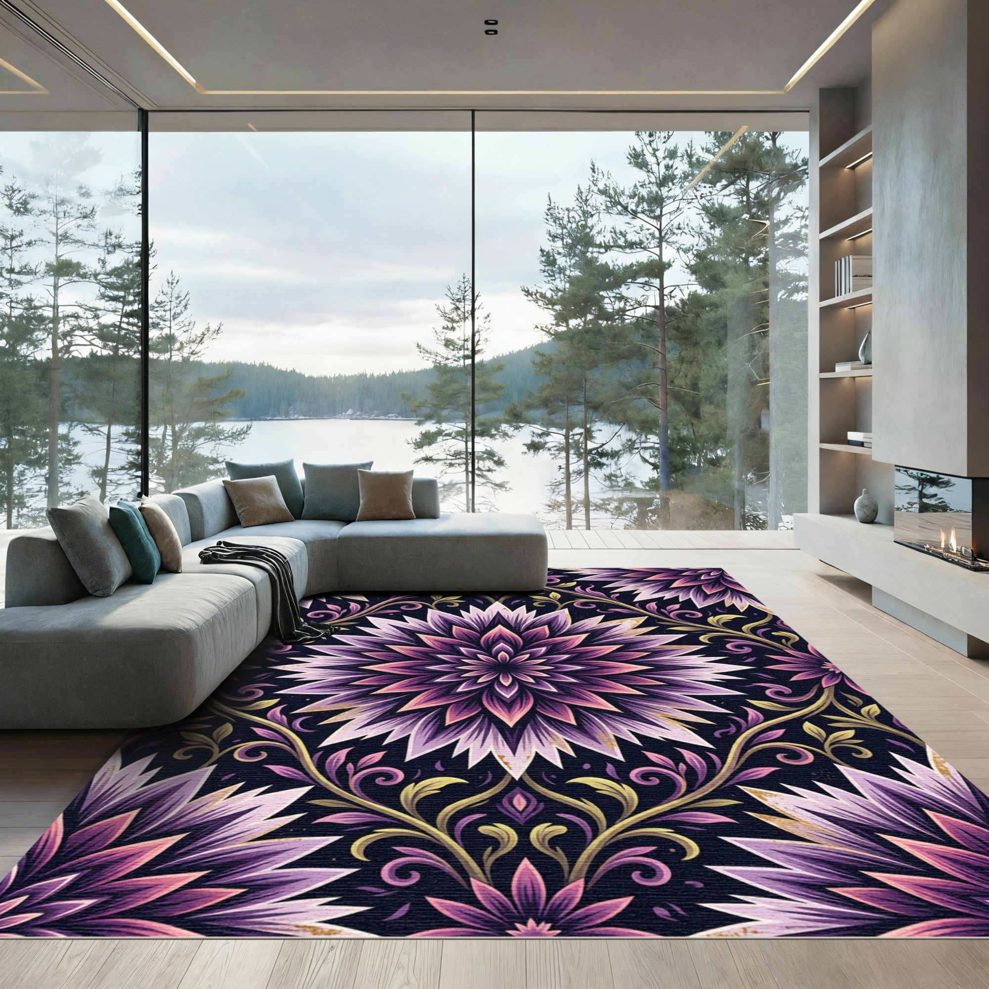Elegant Violet Floral Mandala Arrangement Rug