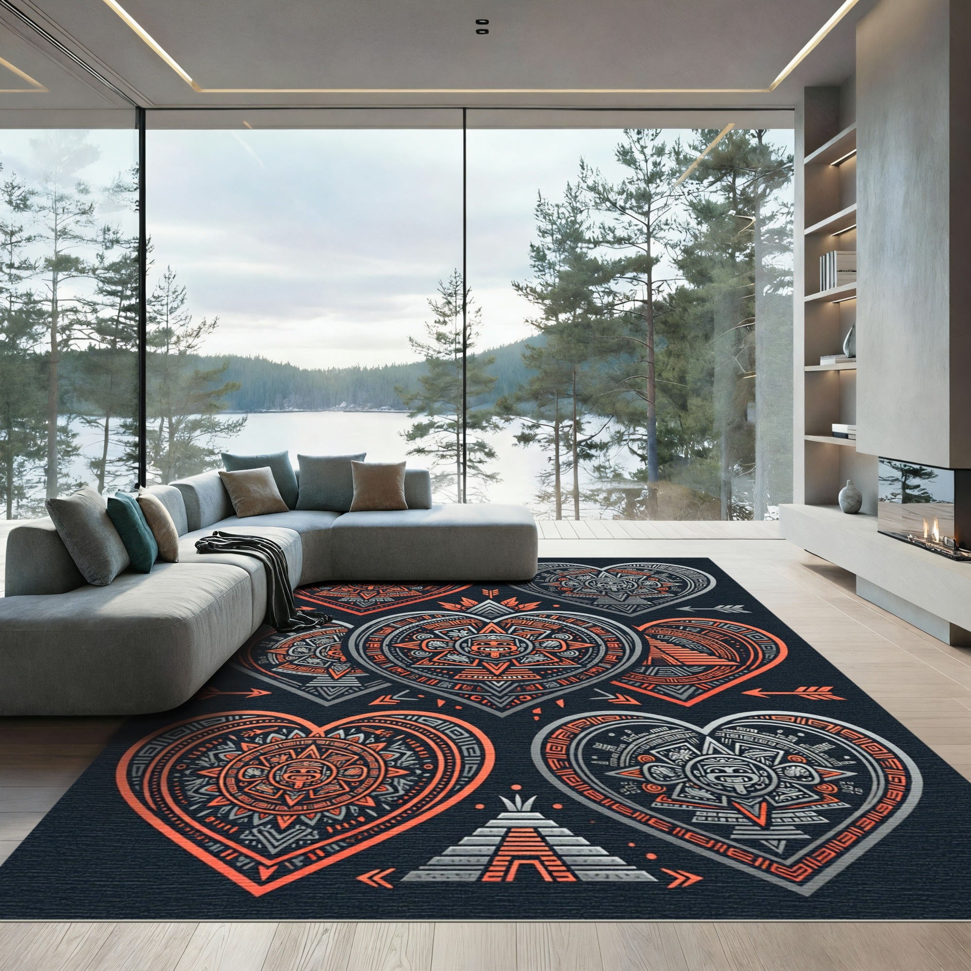 Aztec Heart Compass Slate Orange Art Rug