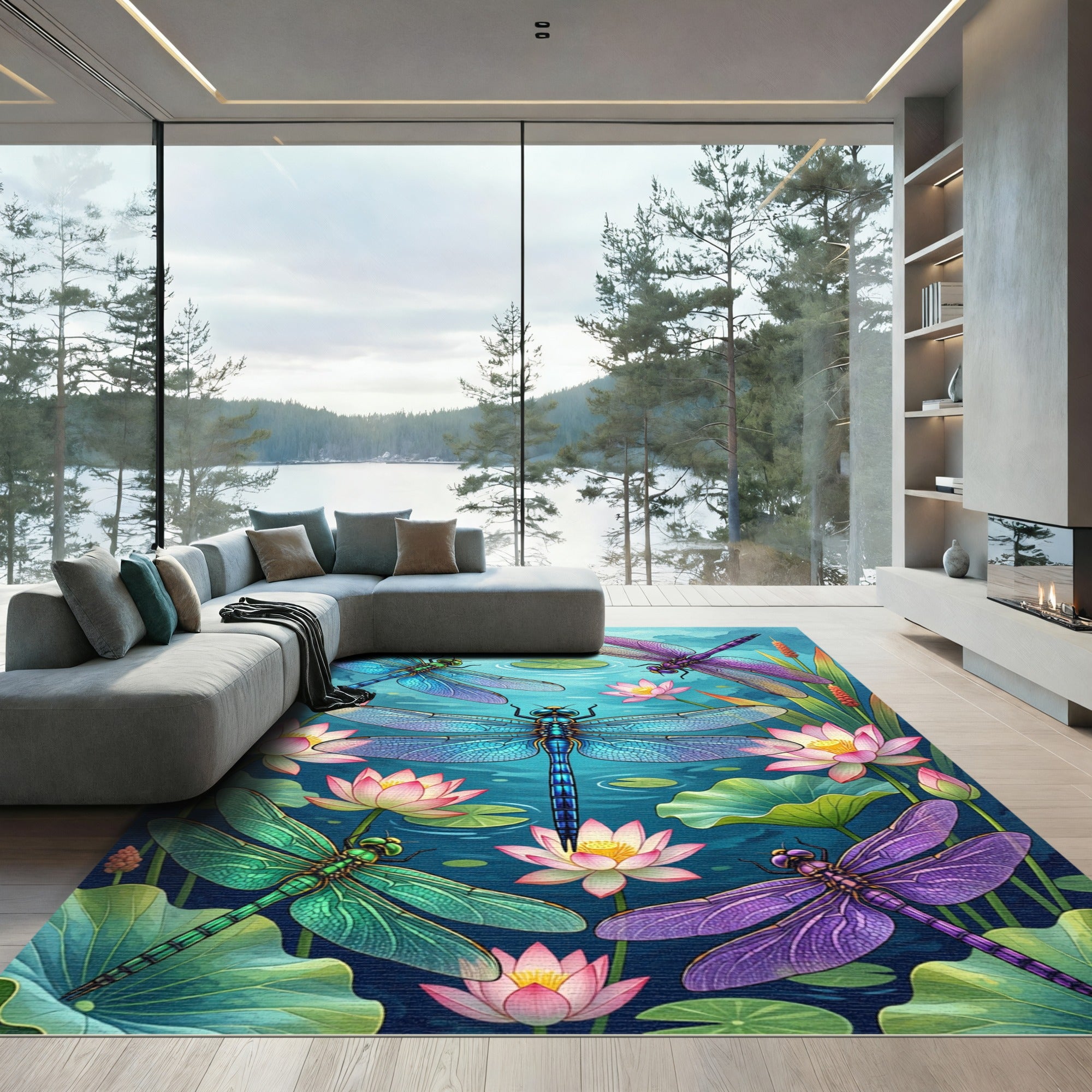Vibrant Dragonfly Lotus Pond Scene Rug