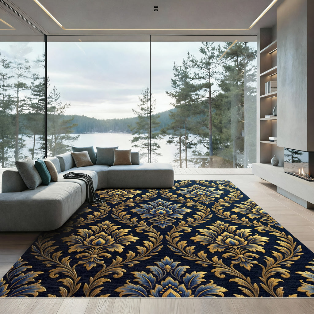 Ornate Gold Blue Damask Brocade Rug