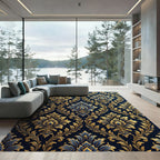 Ornate Gold Blue Damask Brocade Rug