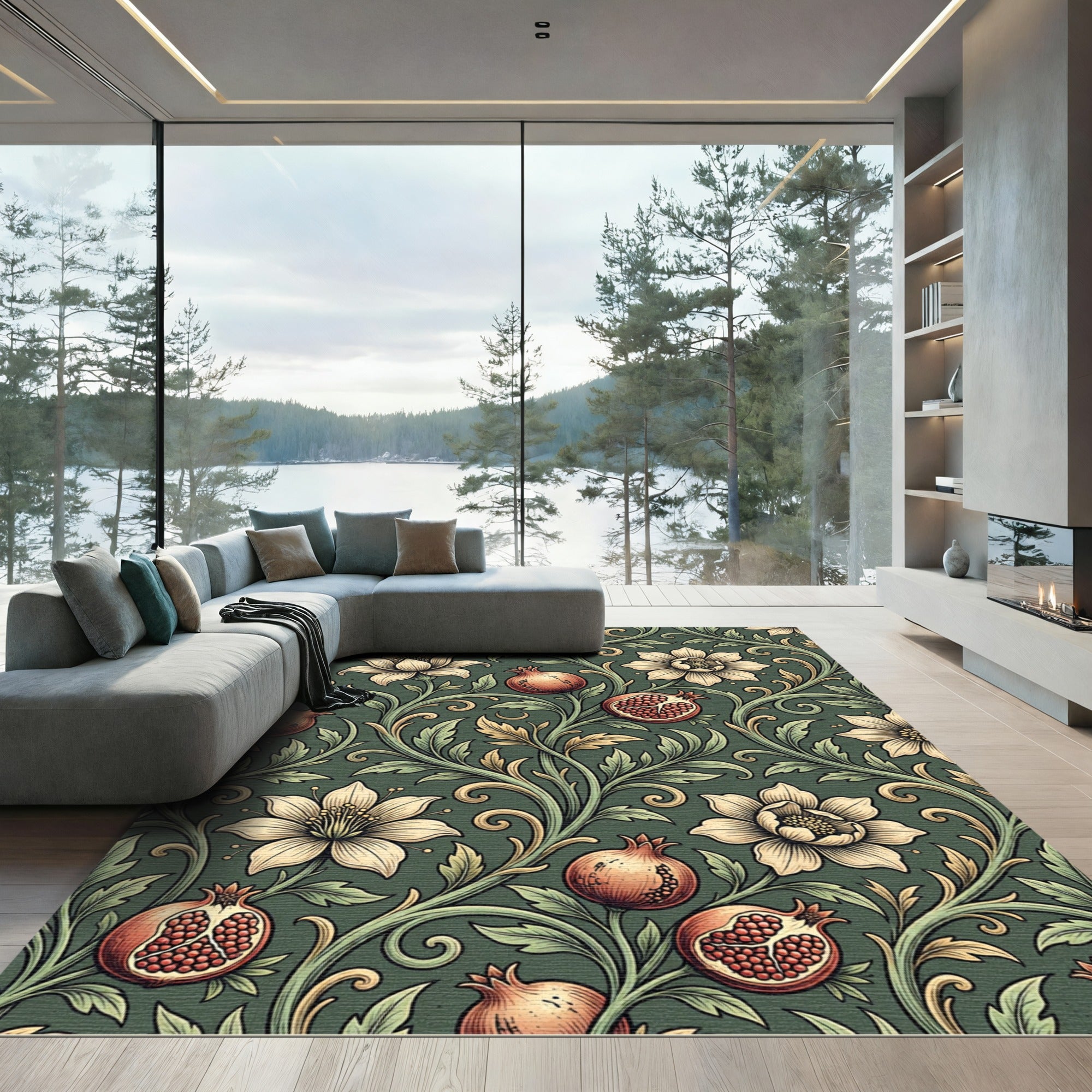 Botanical Pomegranate Forest Green Foliage Rug