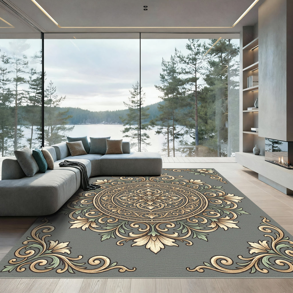 Elegant Sage Floral Baroque Medallion Rug