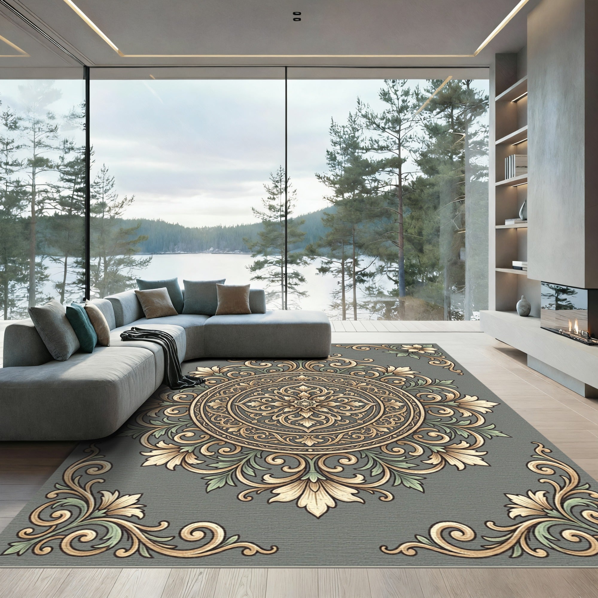 Elegant Sage Floral Baroque Medallion Rug