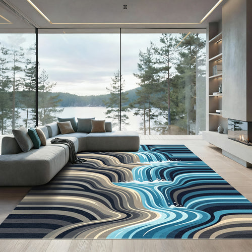 Abstract Blue Waterfall Layered Landscape Rug